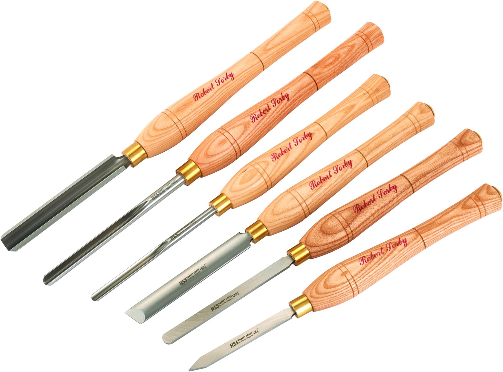 67HS 6 Piece Lathe Turning Set with 3/4" Spindle Roughing Gouge, 3/8" Spindle Gouge, 3/8" Bowl Gouge, 3/4" Standard Skew Chisel, 1/8" Parting Tool and 1/2" Round Nose Scraper 67HS