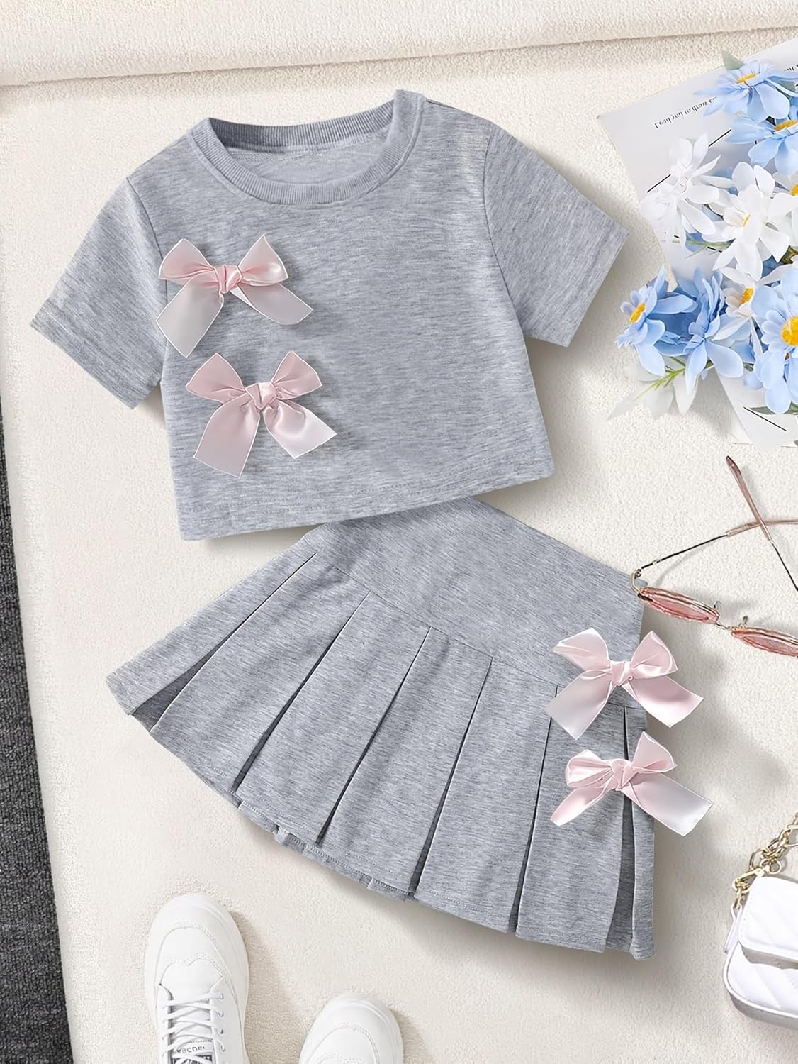 Girl's 2 Piece Outfits Short Sleeve 3D Bowknot Shirts Pleated Skirt Set Summer Clothing Sets for 8-12Y - Image 6