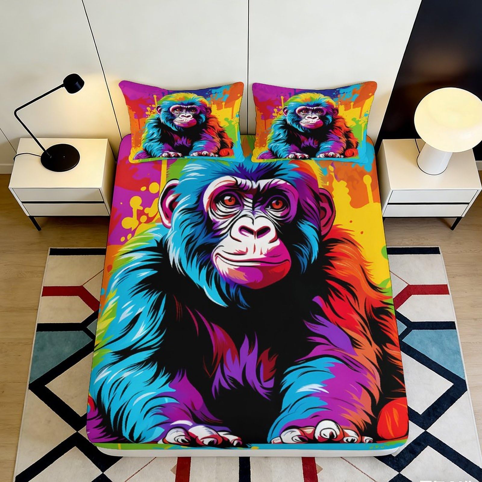 3D Printed Colorful Gorilla Fitted Sheet Microfiber Durable Vibrant Bed Cover for Bedroom Dormitory Guest Room Mattress Protection Decor 180x200x25cm