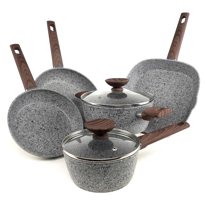 Immagine del prodotto Borella Dolomite, Batteria 7 pezzi antiaderente, a induzione e per piani cottura a fiamma, 2 casseruole, 2 padelle, 1 piastra grill, 2 coperchi, manici soft-touch