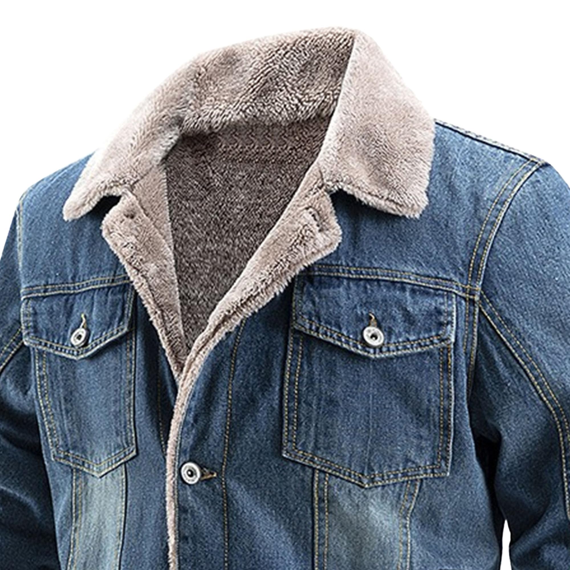 Chaqueta vaquera con forro polar para hombre, cuello de piel sintética, abrigos de invierno cálidos con botones, elegantes jeans casuales para exteriores