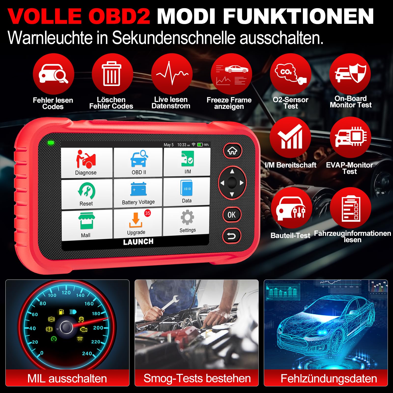 LAUNCH CRP129E Plus V3.0 OBD2 Diagnosegerät Alle System Scanner mit 12+ Reset, ABS/Einspritzdüsen-Codierung/Öl/Drosselklappe/EPB/DPF/SAS/TPMS Reset/Batterieabgleich, lebenslanges WiFi-Update