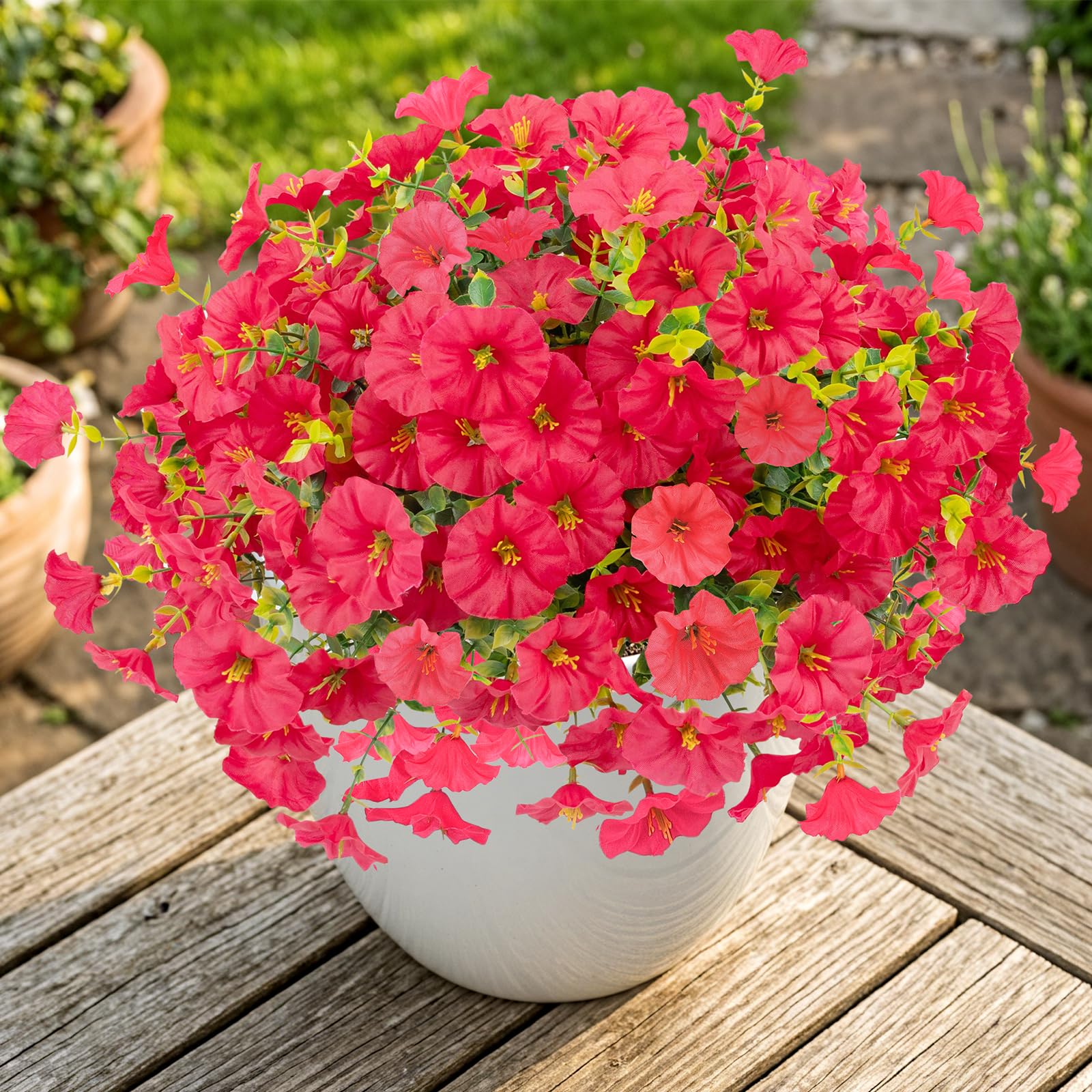 6 Bundles UV Resistant Artificial Flowers, Realistic Faux Plants for Garden, Rose Red - Image 8