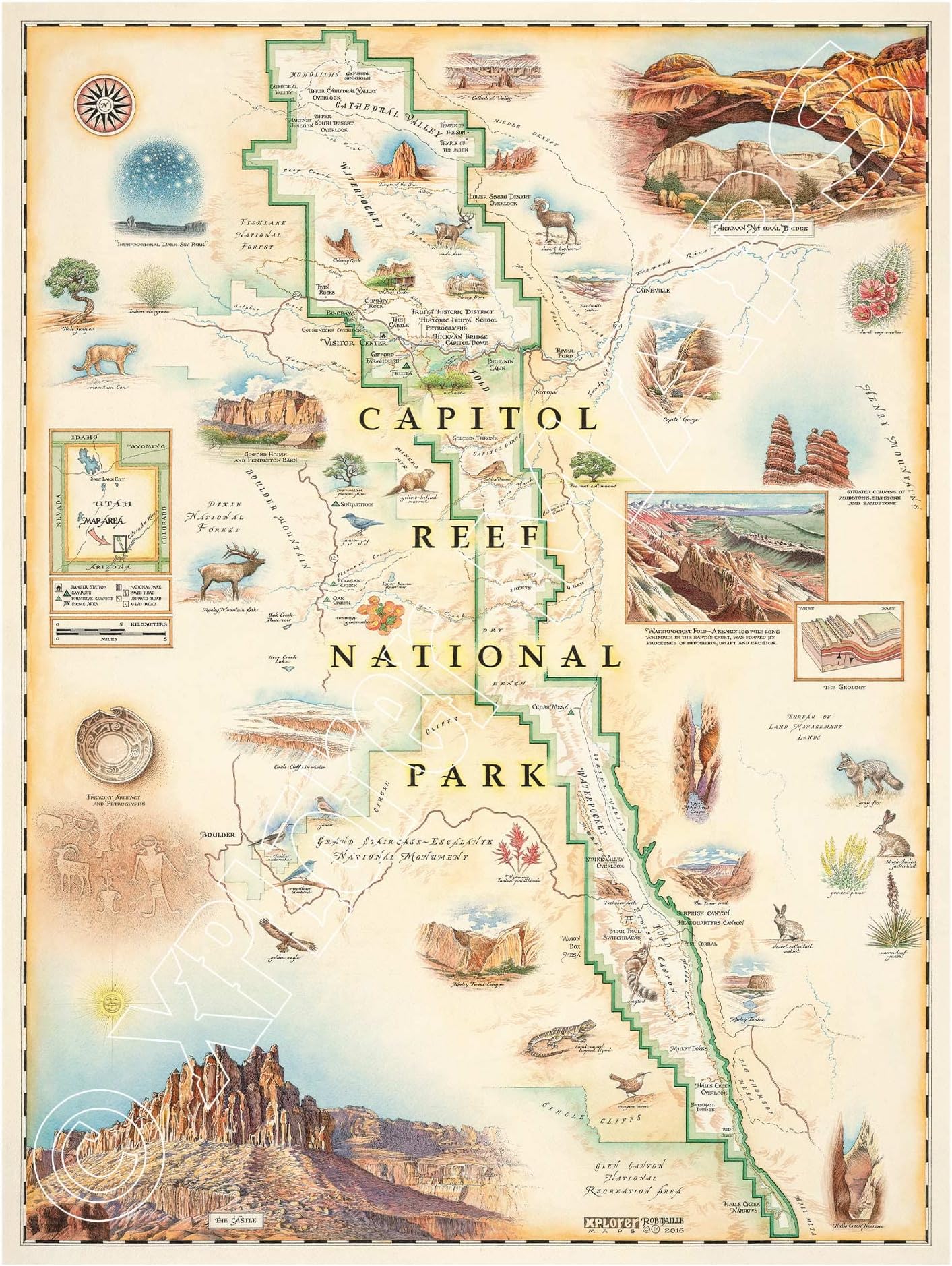 Xplorer Maps Capitol Reef National Park Hand-Drawn Map โ 18x24 Vintage-Style Lithographic Print โ Made in USA