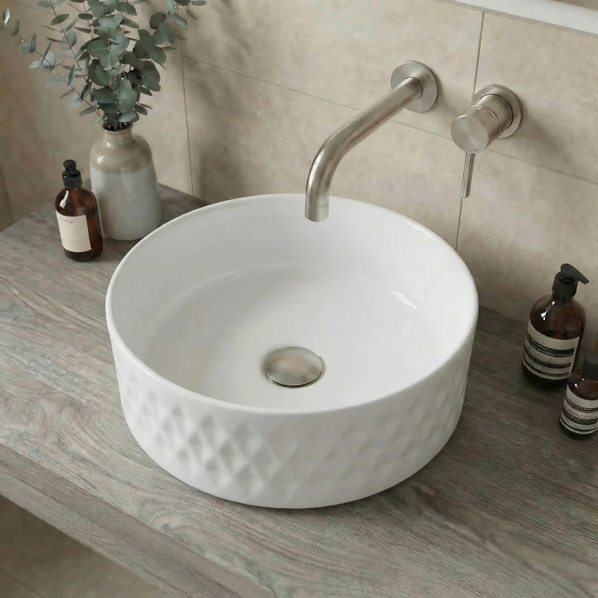 BAYSTONE® Countertop Basin for Bathroom and Cloakroom Hand Wash Basins Sink Modern White Gloss Round, 360 x 360mm