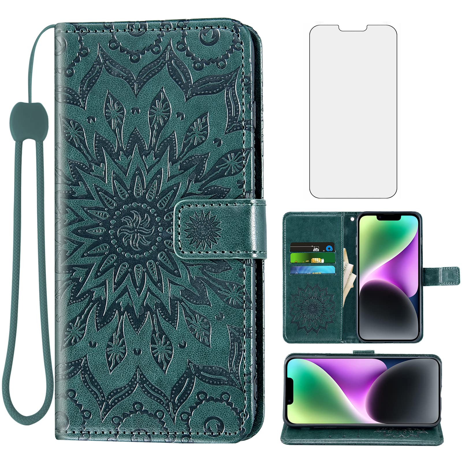 Phone Case for iPhone 14 6.1 inch Wallet with Tempered Glass Screen Protector Leather Slim Flip Cover Card Holder Stand Cell Accessories iPhone14 5G i