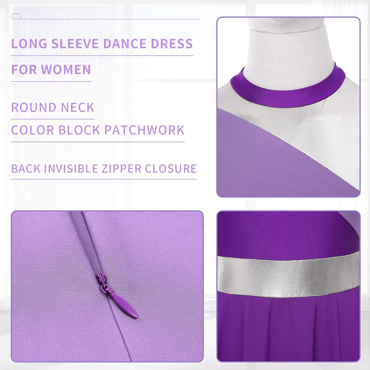 JEYPINMI Women's Praise Liturgical Dance Dress High Low Chiffon Worship Metallic Color Block Costume
