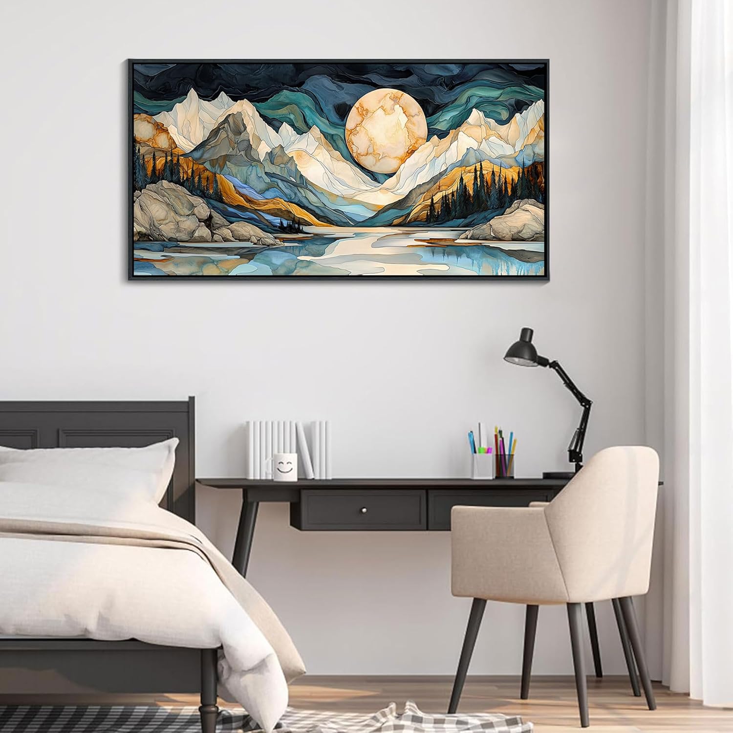 JEAWA Framed Canvas Wall Art - 24x48 In Large Abstract Painting Decor, Textured Mountain Lake Tree Aurora Polaris Pictures, Modern Art Prints for Bedroom Living Room Bathroom Home Decoration
