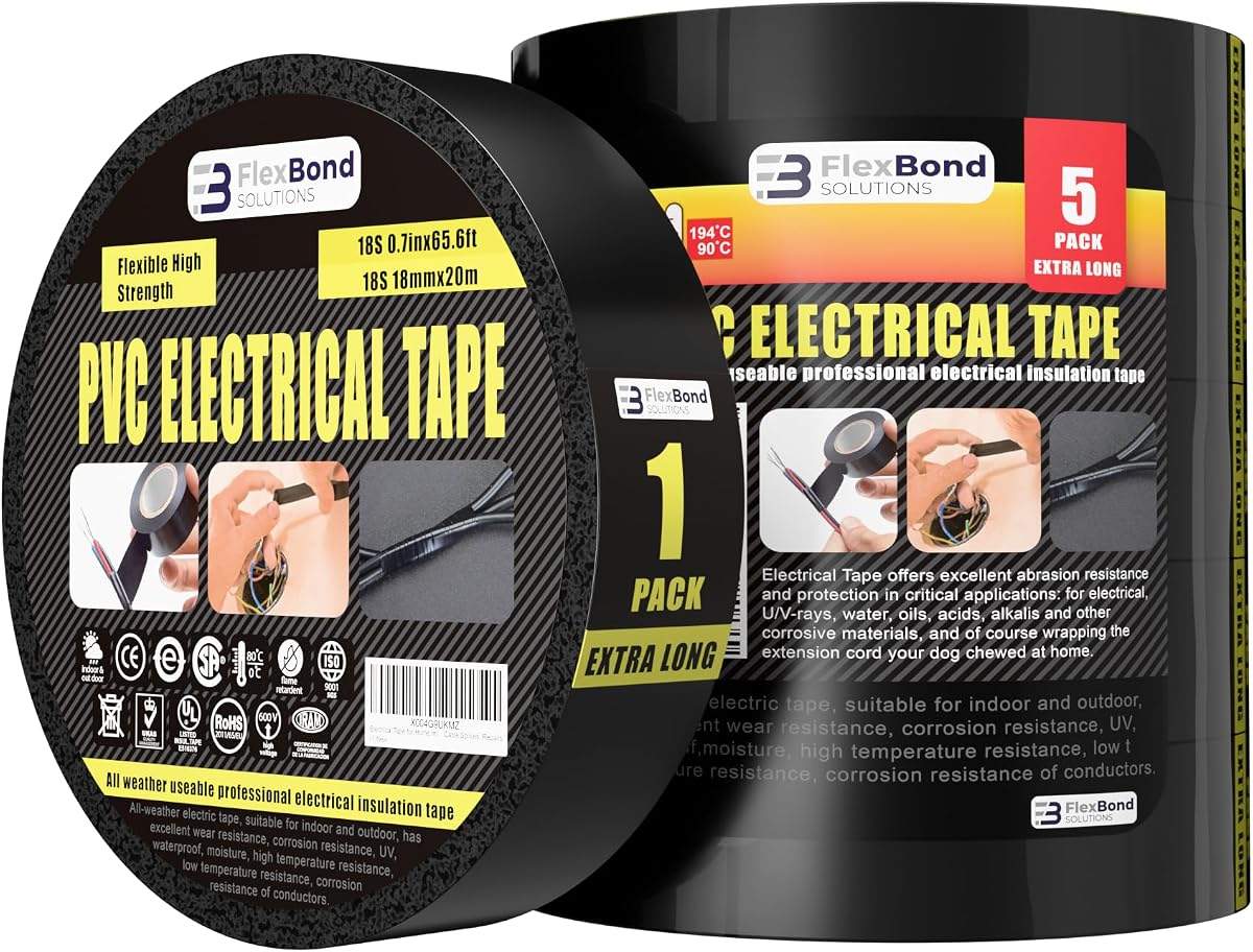 Cinta eléctrica para mejoras en el hogar, uso profesional, bricolaje – Rollo de cinta eléctrica de 3/4 pulgadas y 66 pies – Cinta eléctrica negra multiusos resistente a la temperatura para empalmes de cables y reparaciones (1)