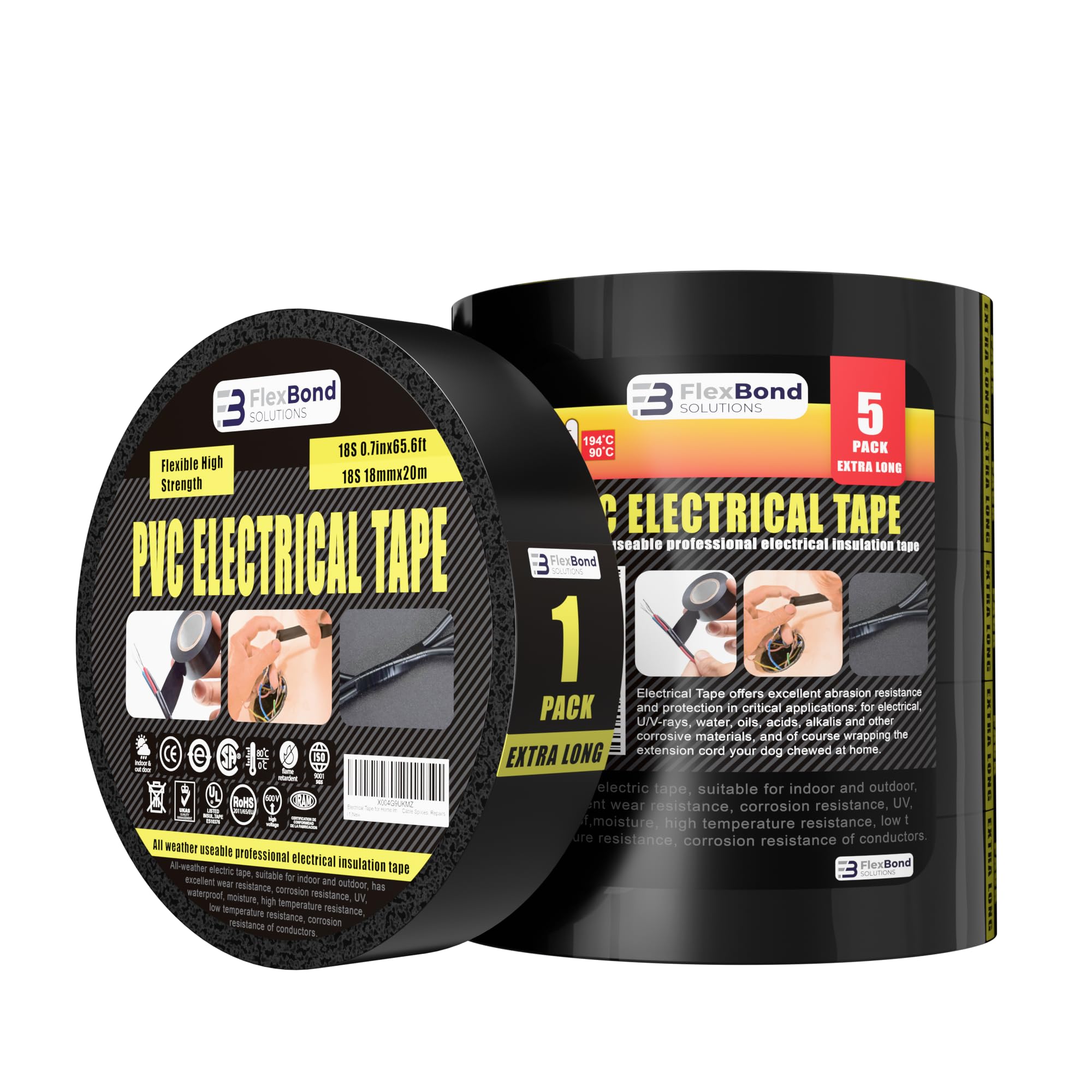 Electrical Tape for Home Improvement, Professional Use, DIY – 3/4 Inch 66 Feet Roll Electric Tape – Multipurpose Temperature Resistant Black Electrical Tape for Wire and Cable Splices, Repairs (1)