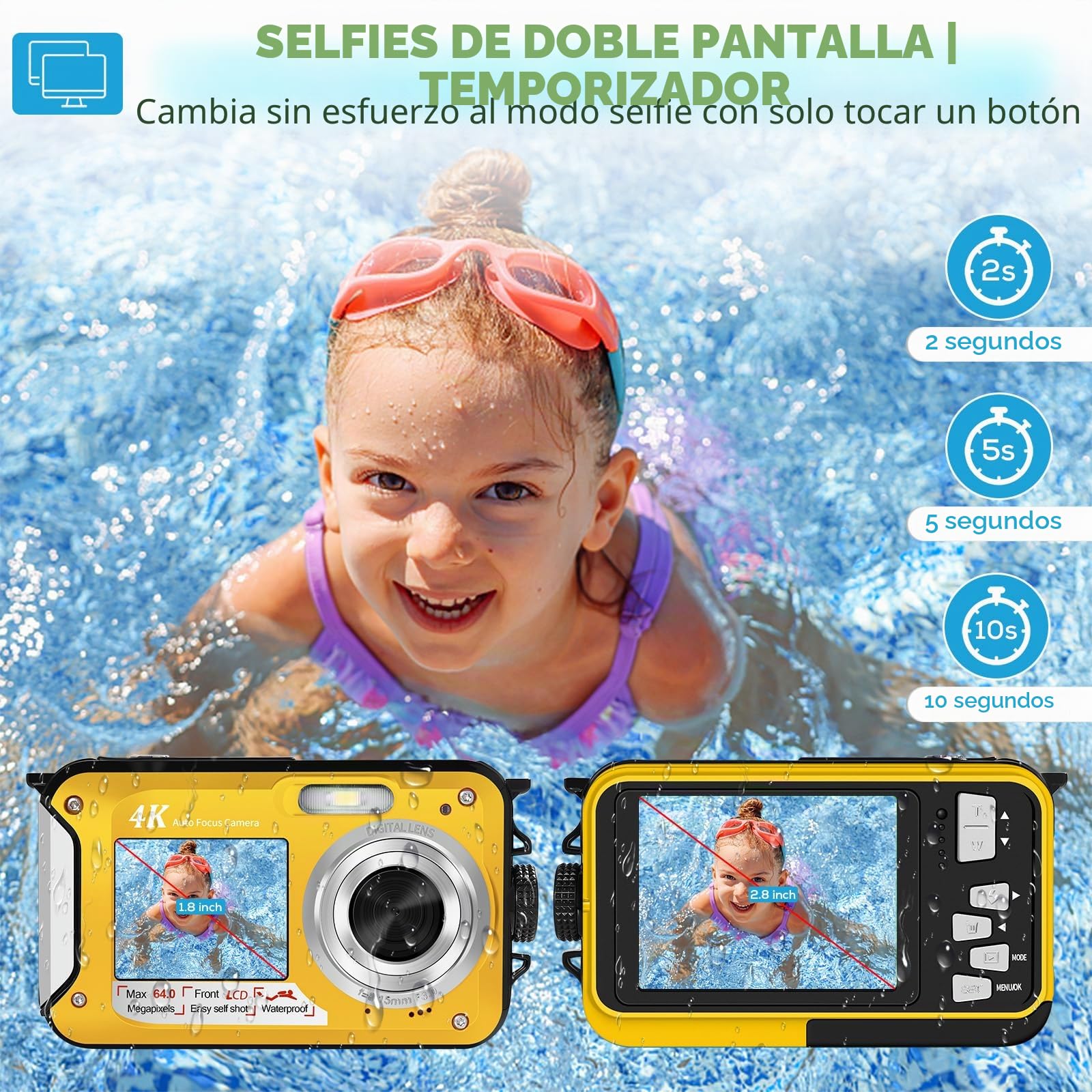 Cámara Acuática 64MP con Tarjeta de Memoria 64GB, Sumergible 4K con Autoenfoque y Doble Pantalla para Selfies, Sumergible hasta 5 Metros para Niños y Snorkel (2 Baterías)