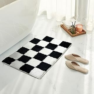 Tititex Luxury Black White Checkered Grid Bathroom Rug, 16