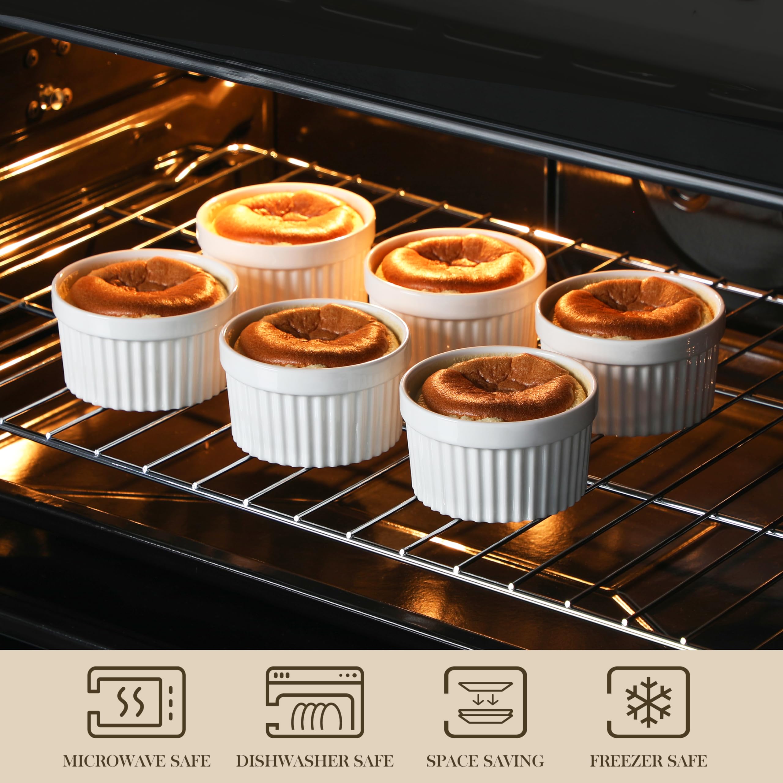 MALACASA Lot de 6 Petit Ramequins Four en Porcelaine, Ramequins Individuels en Céramique pour Soufflés Crème Brulée Muffins Cupcakes Puddings, 320ml, Blanc Ivoire