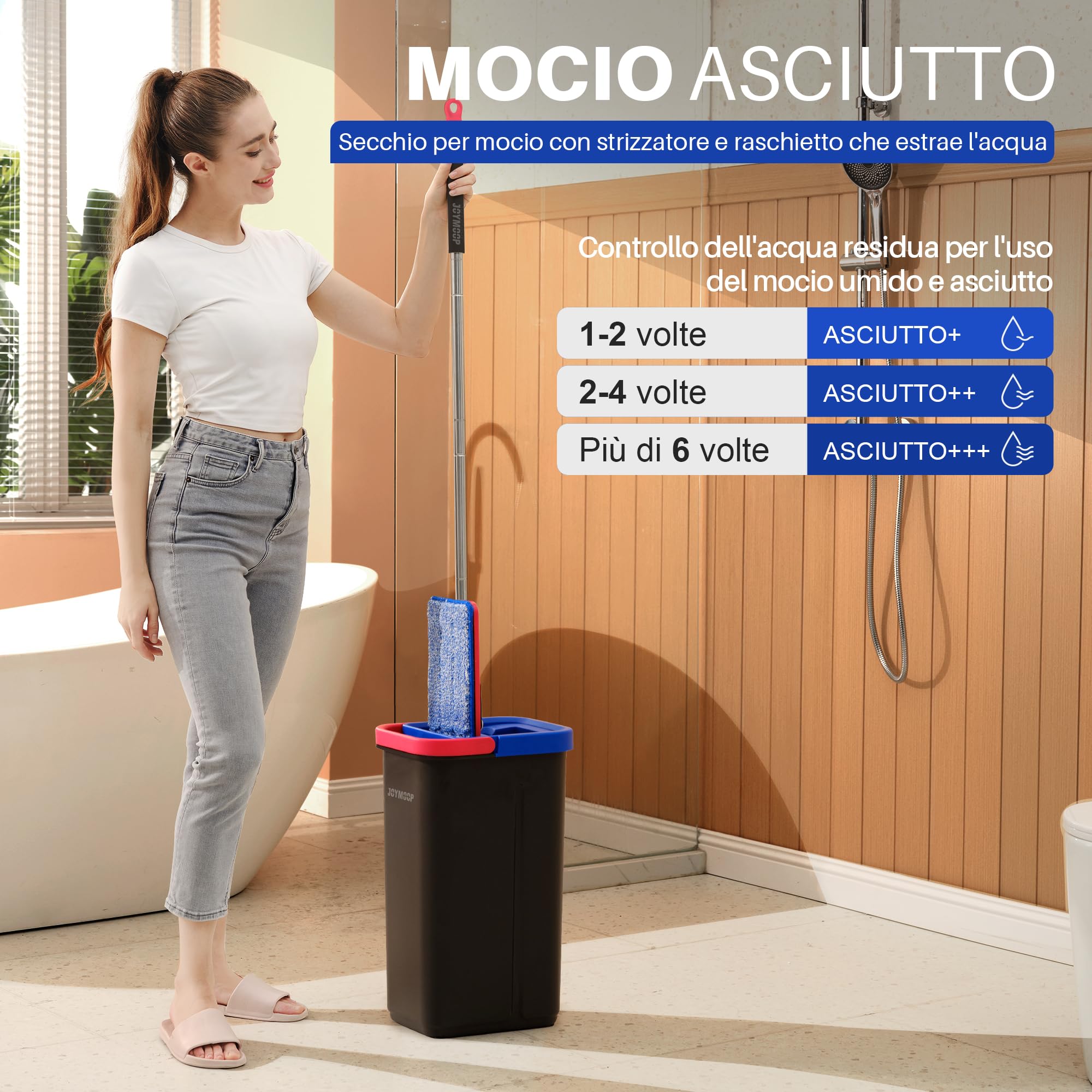 JOYMOOP set mocio lavapavimenti e secchio per casa, sistema autopulente mani libere, 3 panni in microfibra riutilizzabili, per pavimenti e pareti - Nero + Rosso + Blu Ardesia