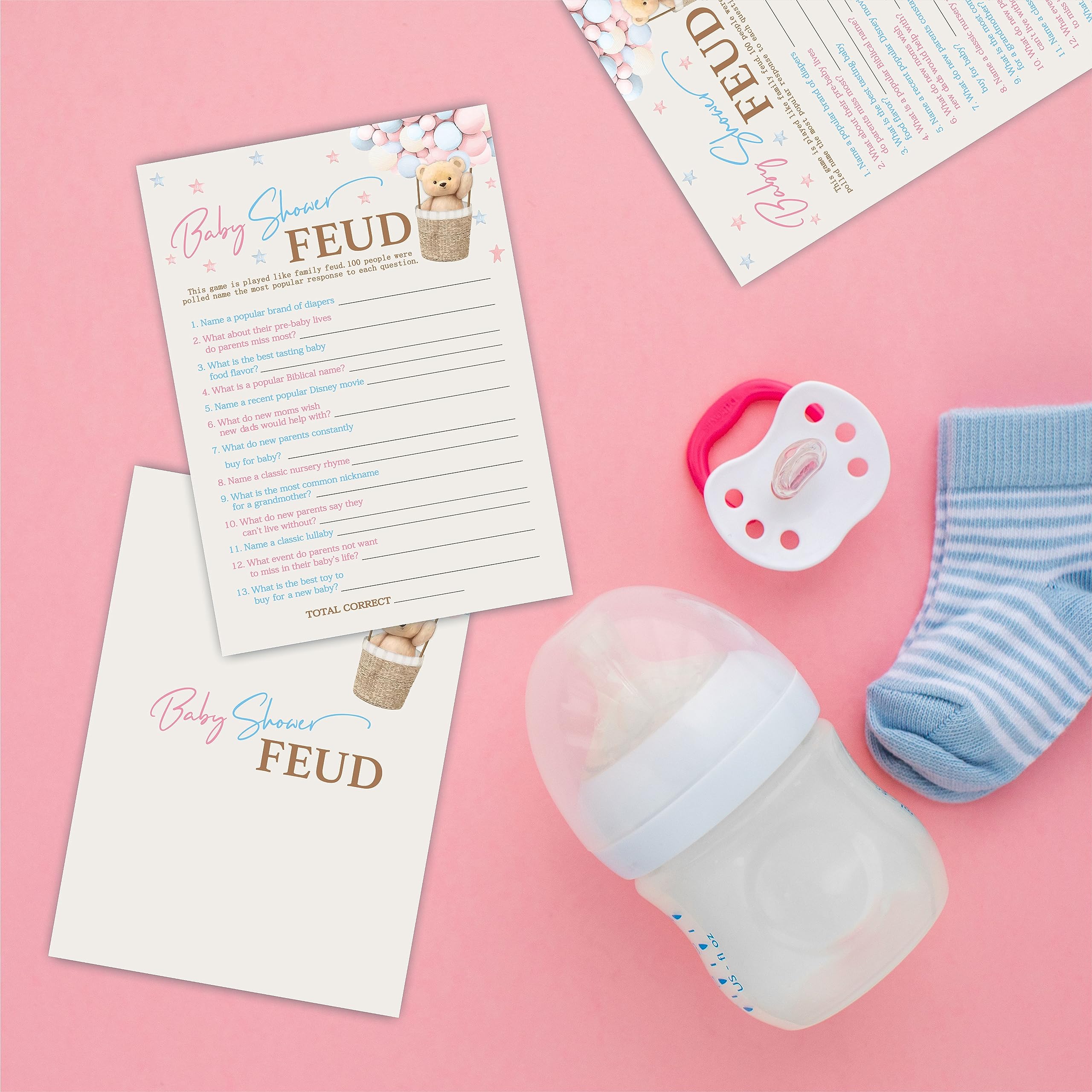 30 Baby Shower Feud Game - 5"X7" Bear Hot Air Balloon Style Game Cards & 1 Answer Cards, Gender Reveal Party & Activity - Gender Neutral Boys And Girls - Baby Shower Party Favors And Decorations-D05