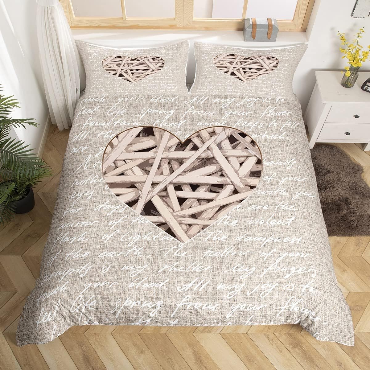 Homemissing Single A set of Comforter Cover Set heart-shaped printed beige letter characters Duvet Cover, suitable for beautiful Bedding Set microfiber for female and male couples, natural wood color