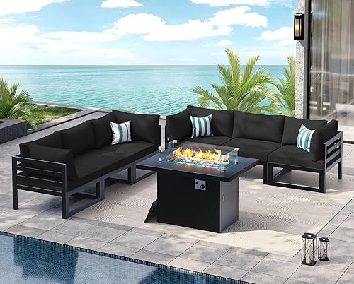 Miniatura 506 de NICESOUL 7 Piece White Powder-Coated Aluminum Patio Furniture with Fire Pit Table, 29 Inch Extra Wide Outdoor Sectional Sofa for 6, High-End Heavy