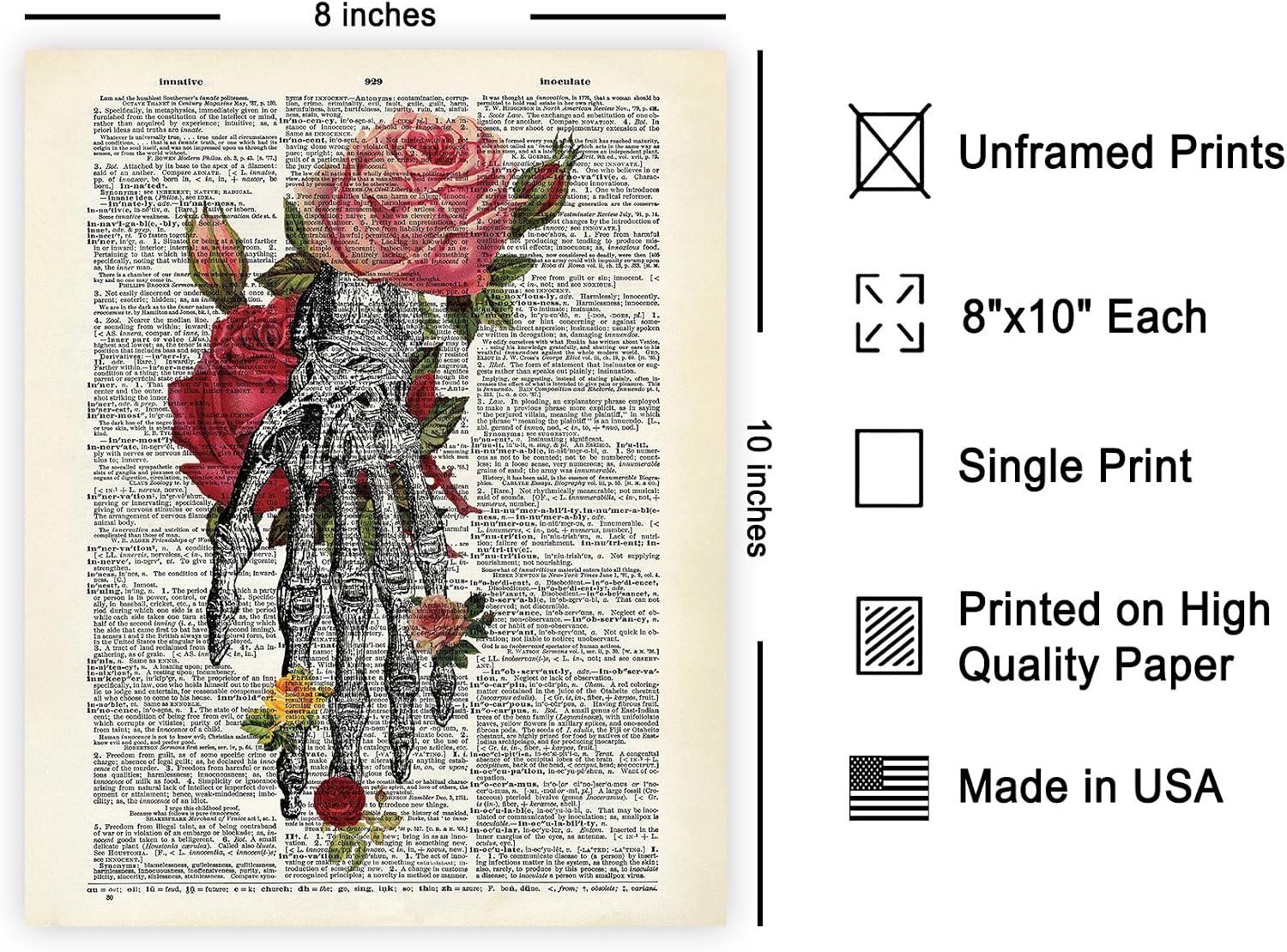 Poster Master Roses and Skeleton Hand Print - Anatomy Poster - Dictionary Art - Gift for Men, Women, Nurse, Doctor - Floral Wall Decor for Clinic, Hospital - 8x10 UNFRAMED Wall Art