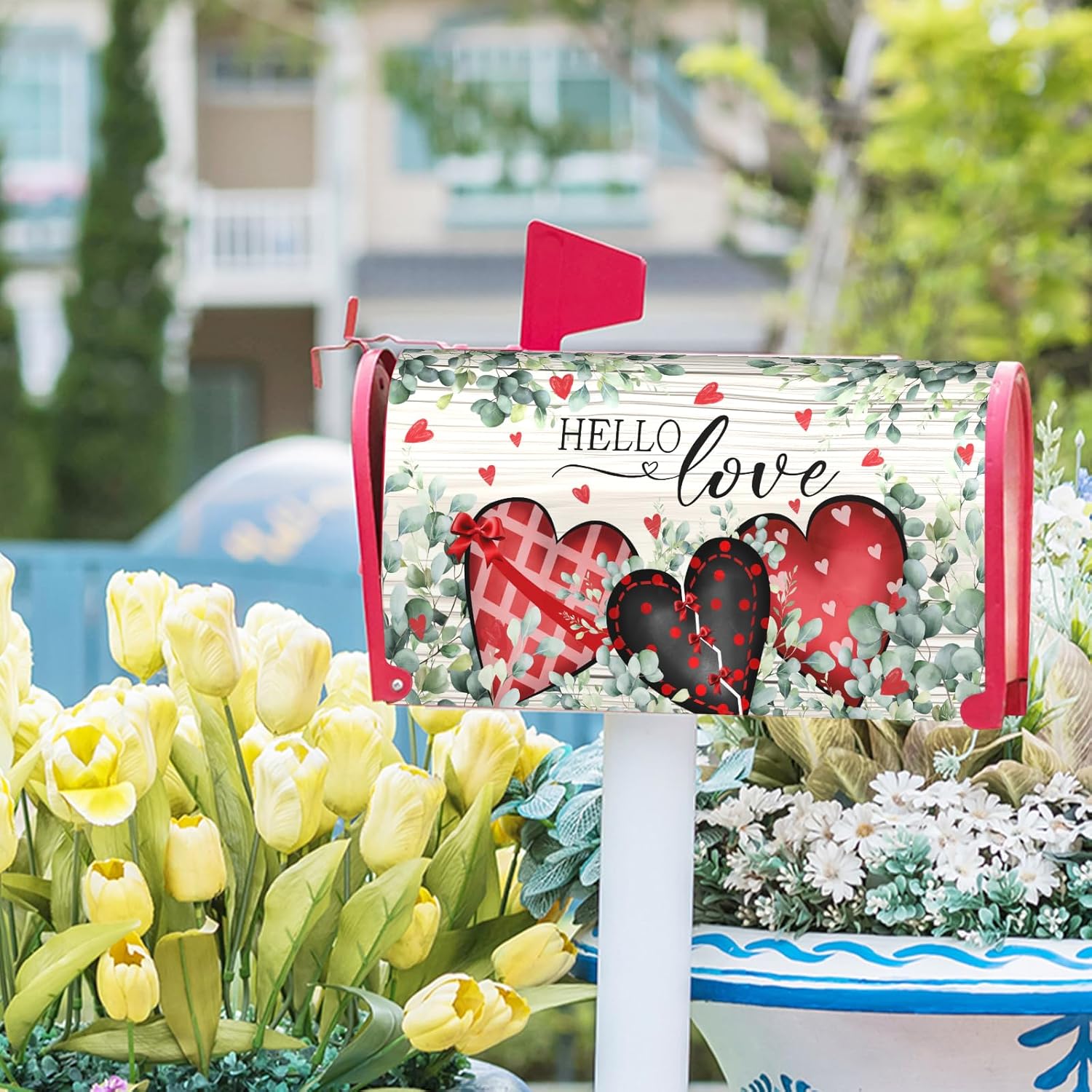 Valentine's Day Love Hearts Welcome Mailbox Cover Magnetic Standard Size 25"x21" Happy Valentines Day Romantic Love Hearts Mailbox Covers Holiday Mailbox Wraps Post Letter Box Cover Outdoor Decor