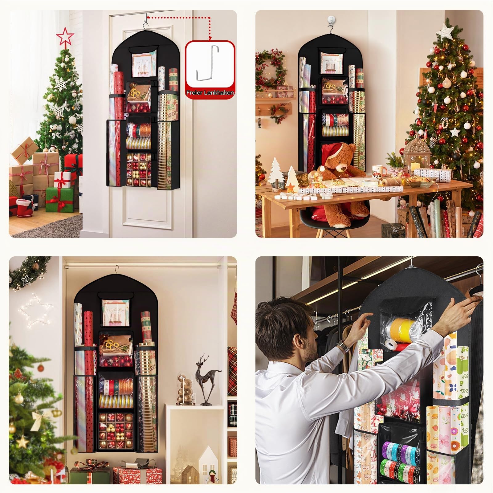 Geschenkpapier-Aufbewahrung, zum Aufhängen, 120 x 60 cm (extra groß), schwarz, doppelseitig, Weihnachtsverpackungsbehälter, Oxford Langer Bastelrollen-Organizer, Geschenkpapierhalter für schlafzimmer