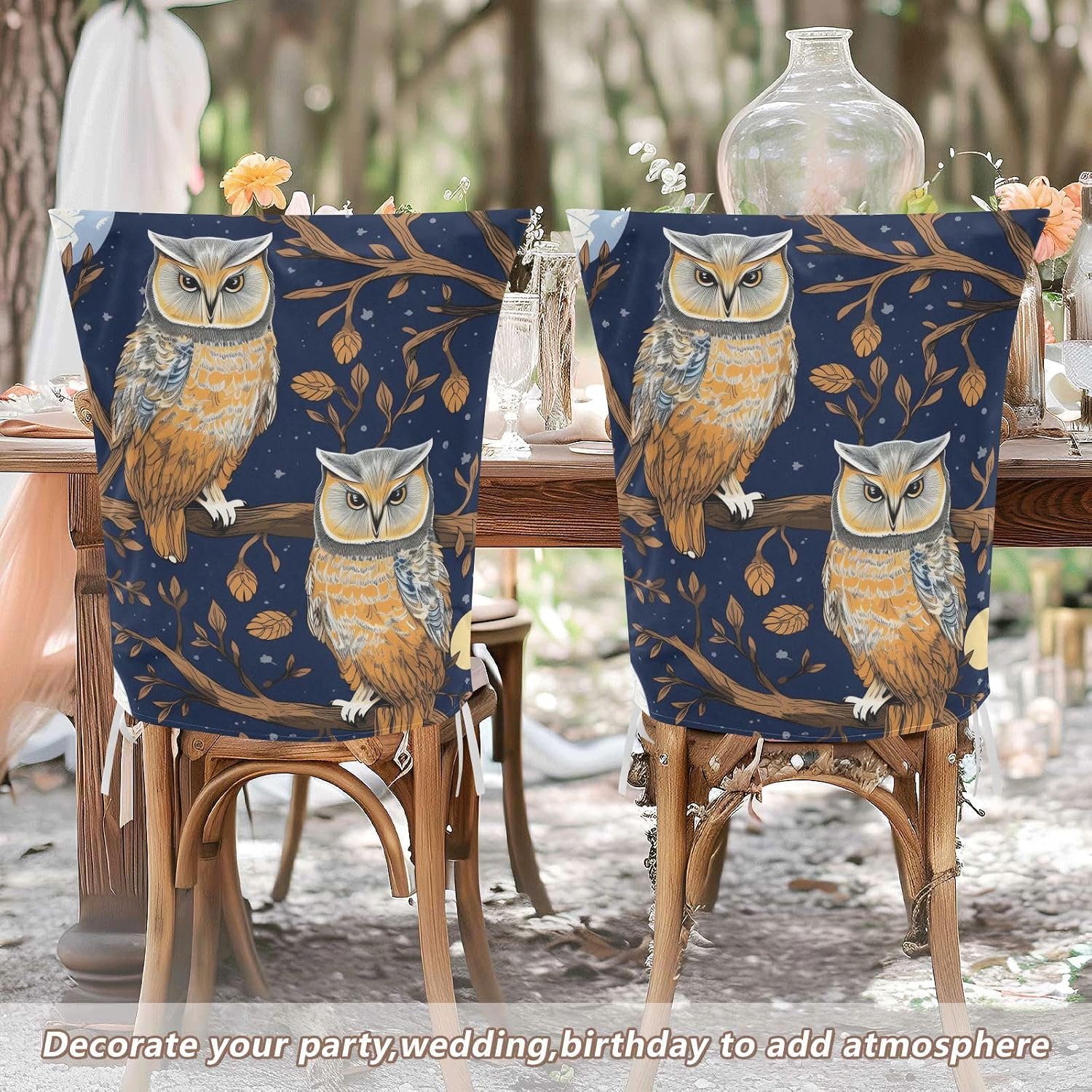 ALAZA Owl Branches Moon Chair Back Cover Set of 6, Washable Reusable Removable Chair Slipcovers Decorative Chair Cover for Home Kitchen Wedding Party