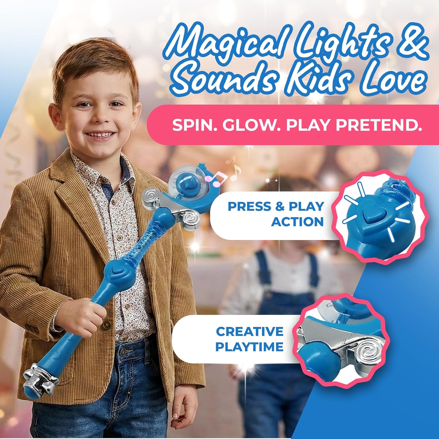 Prince & Princess Wands for Boys and Girls by Forest & Twelfth Kids, Fun Multi-Color Spinning Crystal Ball 18" Wand with Sounds and Lights, Ideal Gift for Birthday and Holidays (Light Blue)