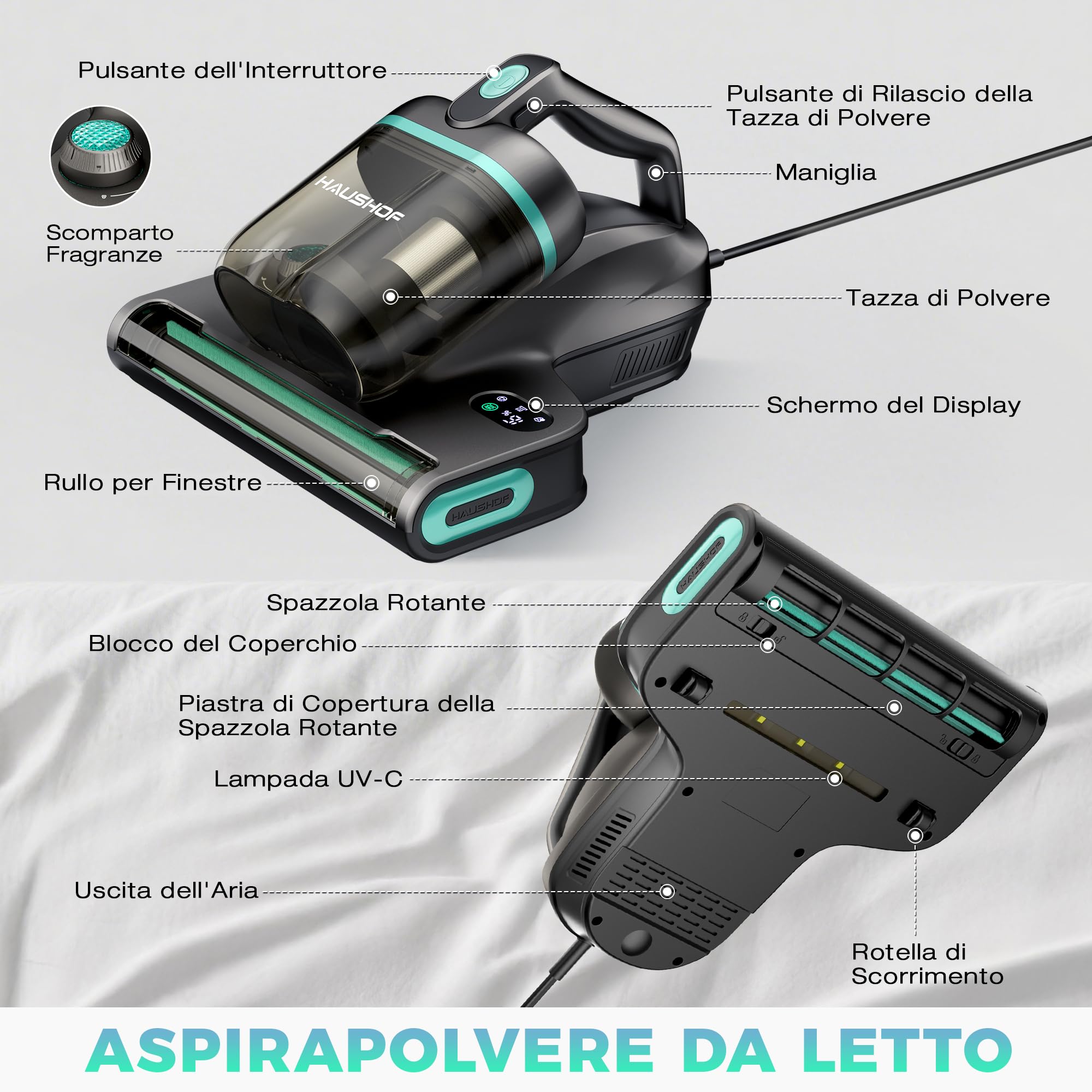 HAUSHOF Aspiratore per Materassi con 275 nm Luce UV-C, Battimaterasso Antiacaro con 60 ℃ Aria Calda, HEPA Filtro, Aromaterapia, 400 W Motore, Doppio Contenitore, Aspiratore Portatile per Letto, Divano
