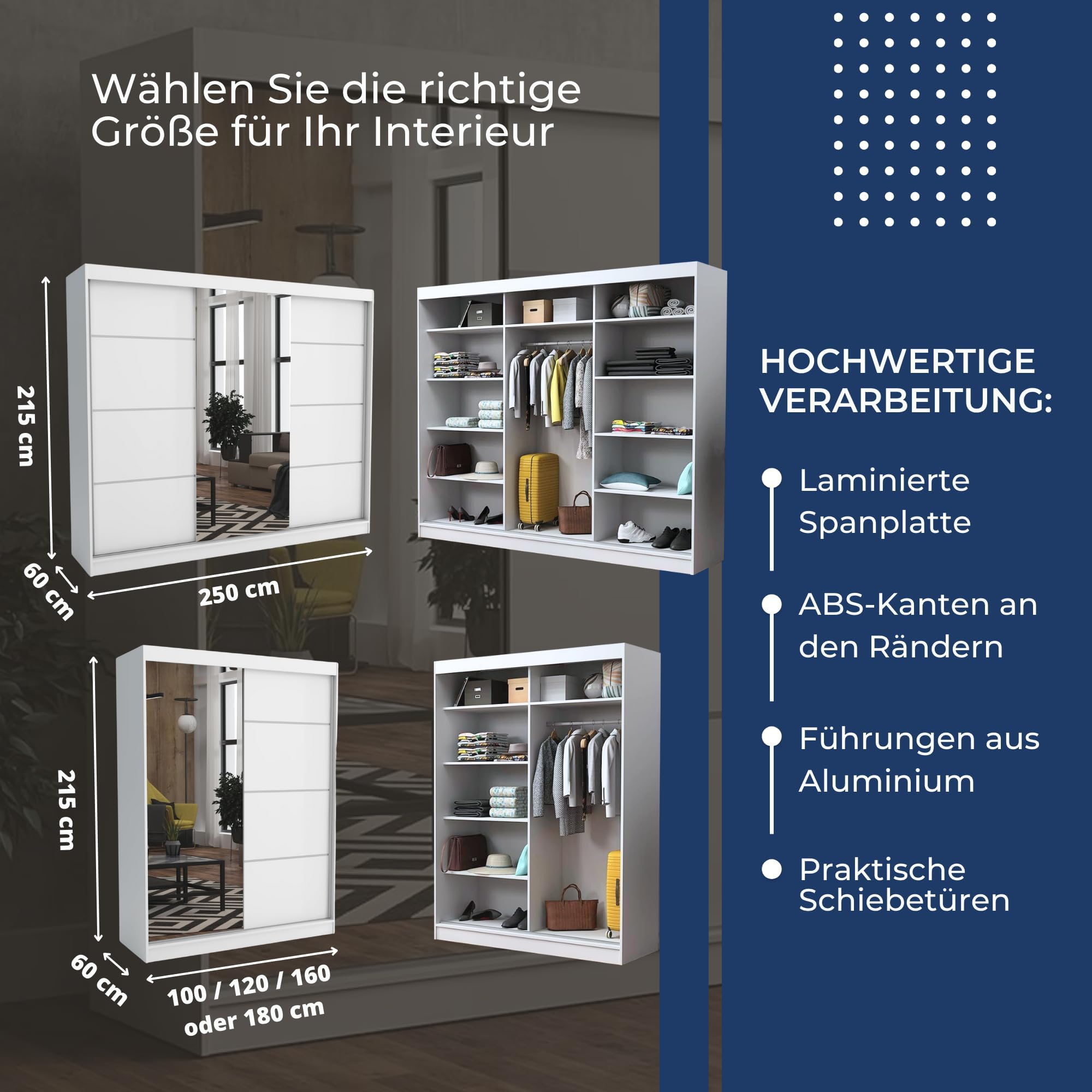 Brent - Kleiderschrank mit Spiegel Tom, 100cm Breit, Schlafzimmerschrank mit 1 Kleiderstange und Einlegeböden für Kleidung, Kleiderschrank Weiß