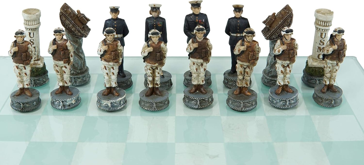Ebros Patriotic American Military Branches US Air Force VS Marine Corps Chess Pieces with Clear Frosted Checkered Glass Board Set Fun Gaming Educational Game