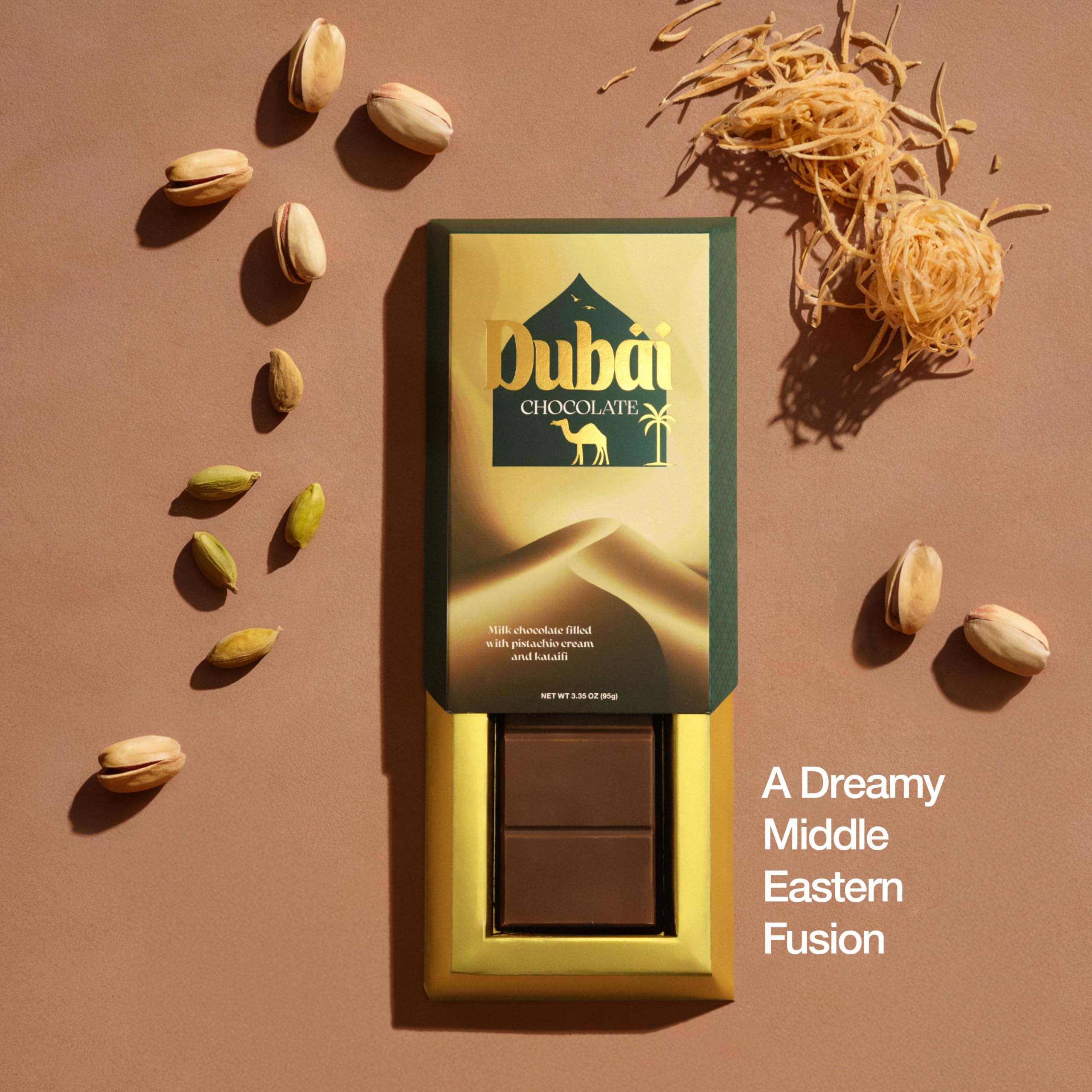 Dubai Chocolate Bar Pistachio Deluxe – 3.35 oz Milk Chocolate Bar with Pistachio & Kataifi Filling – Inspired by Dubai’s Iconic Knafeh Dessert – Gourmet Middle Eastern Treat