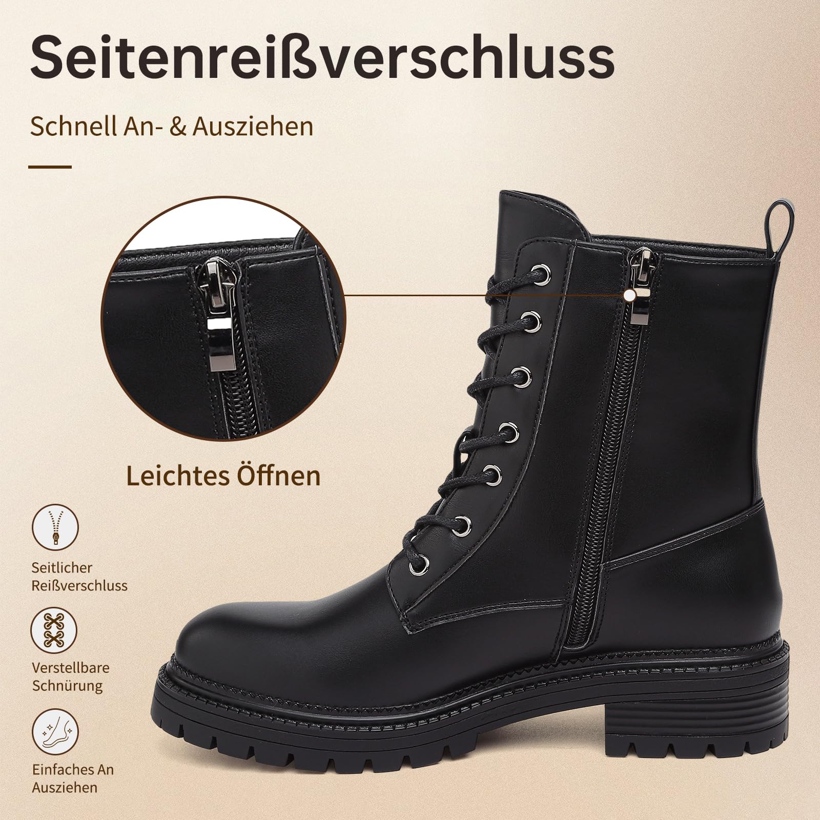 Damen Stiefeletten Wasserabweisend Seitlichem Reißverschluss Schnürung Combat Boots Damen Biker Boots mit Rutschhemmender Profilsohle Plateau Kurzstiefel für Herbst Winter Freizeit Ankle Boots Schwarz
