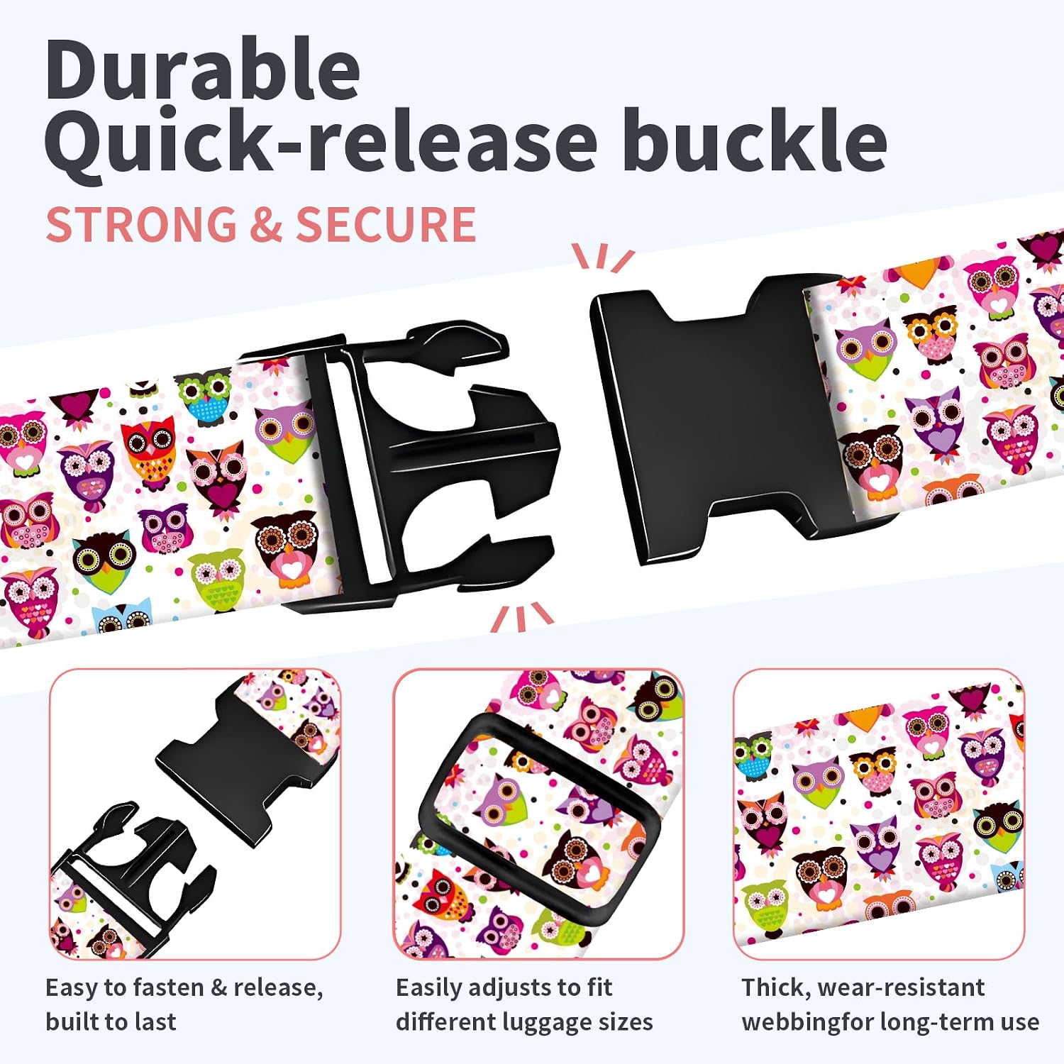 Luggage Strap for Suitcases Adjustable Travel Belt with Quick Release Buckle, Cute Travel Accessories for Suitcase Strap Colorful Owls
