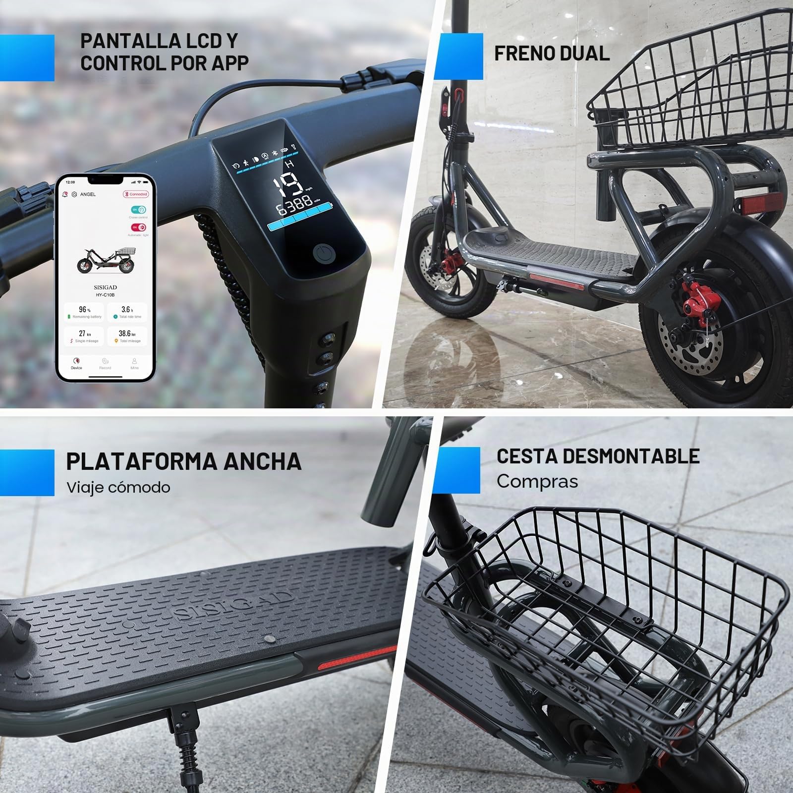 SISIGAD Scooter eléctrico 12 Pulgadas Pasos eléctricos Adultos Plegable E Step con App y Cesta Desmontable, Elecric Scooter 36V 7.8AH batería 25km/h Velocidad 300W Motor, Doble Freno y luz