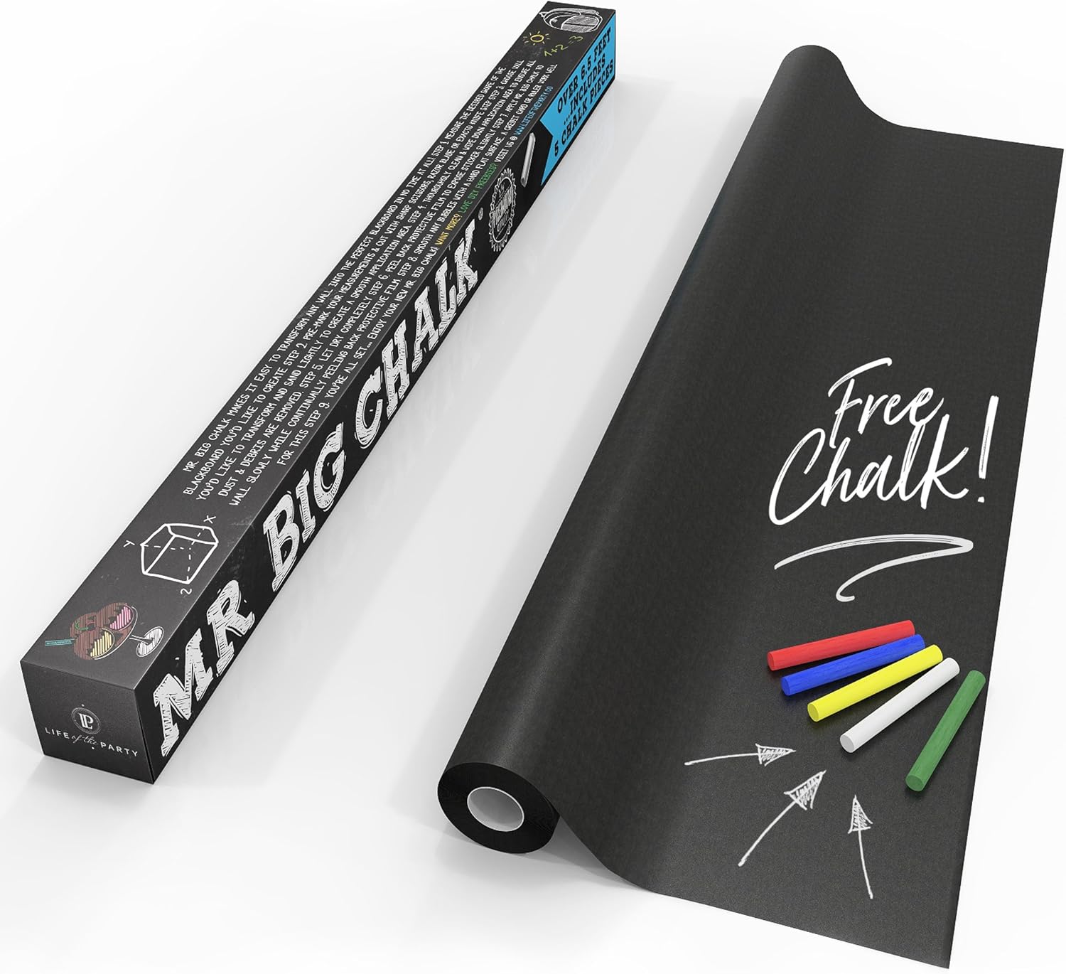 Life of the Party- Chalkboard Wall Decal! Over 6 Ft (78" x 17") of Adhesive Vinyl Blackboard Roll Makes Any Surface, Erasable, Creative & Organizational in Your Home or Office with 5-piece Chalk Set!