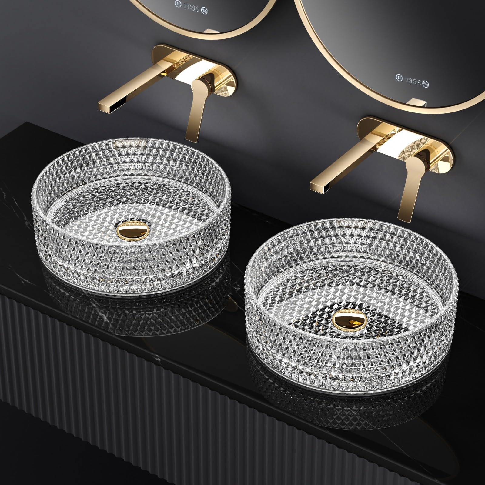 EMKE Lavabo de cristal redondo, lavabo de cristal transparente, 36 x 36 x 11,2 cm, lavabo de mano de alta calidad para baño y aseo de invitados, lavabo sin orificio para grifo