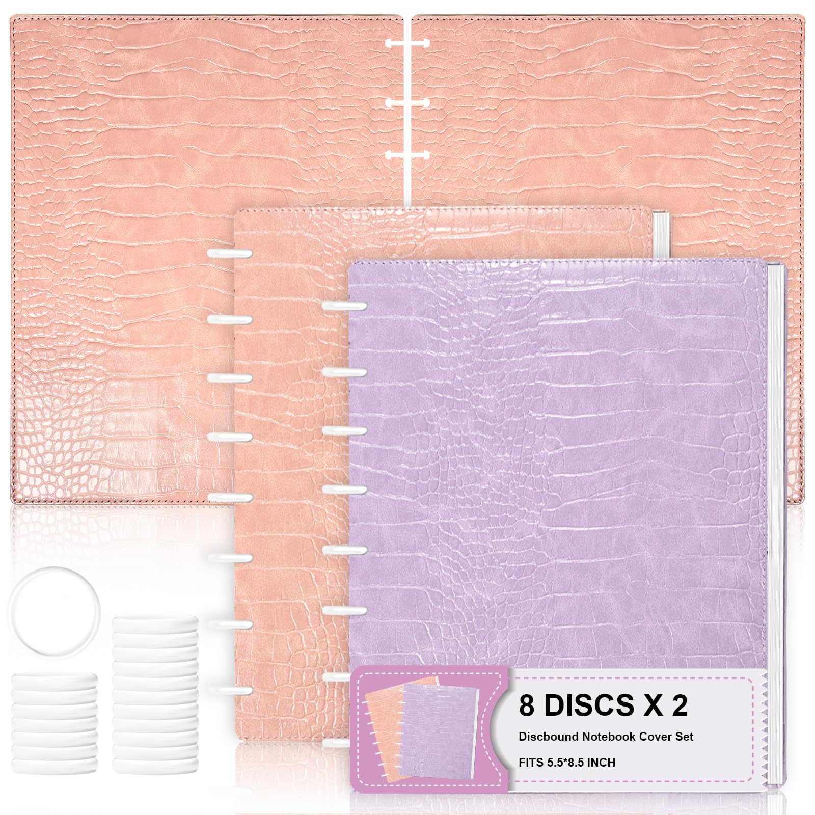 2 Set PU Leather 5.5x8.5in Discbound Notebook Cover And Disc Set Discbound Planner Cover With 16 Pcs Expansion Discs Junior Size Discbound Refill Paper Disc Bound Notebook Accessories(Pink&Purple)
