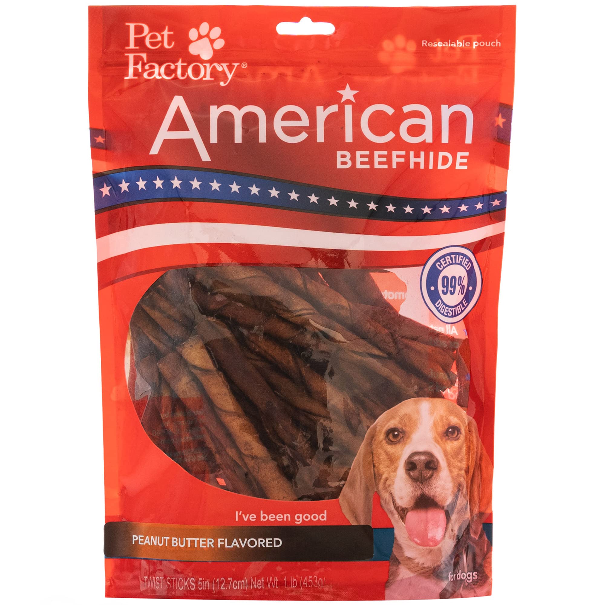 Pet Factory American Beefhide 5" Twist Sticks Dog Chew Treats - Peanut Butter Flavor, 1 lb
