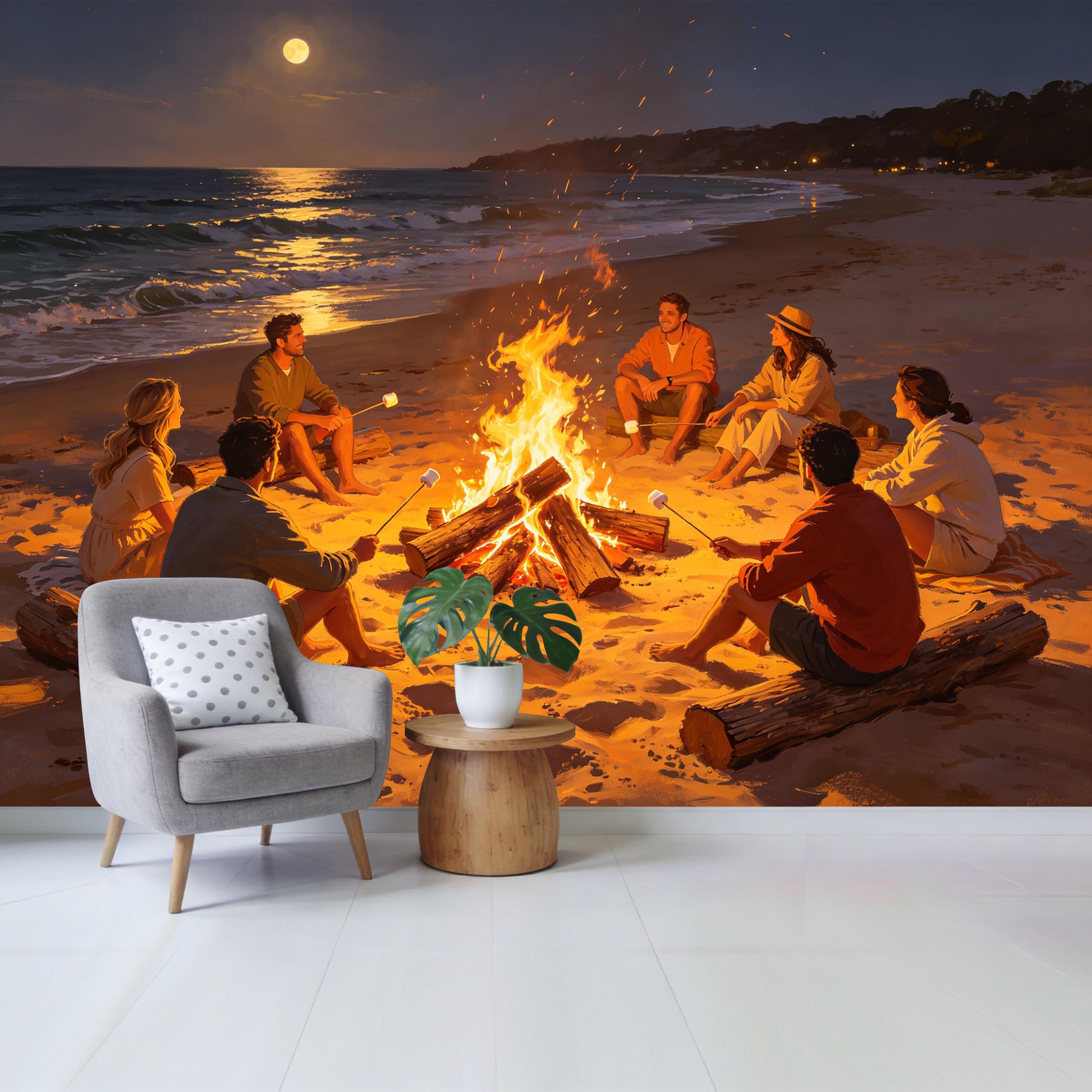 Qzlithotic Yq2605250760 Custom Size Wall Mural Night Beach Bonfire Party Coastal Landscape Selfadhesive Wall Fabric Removable Wallpaper For Home Office Decor