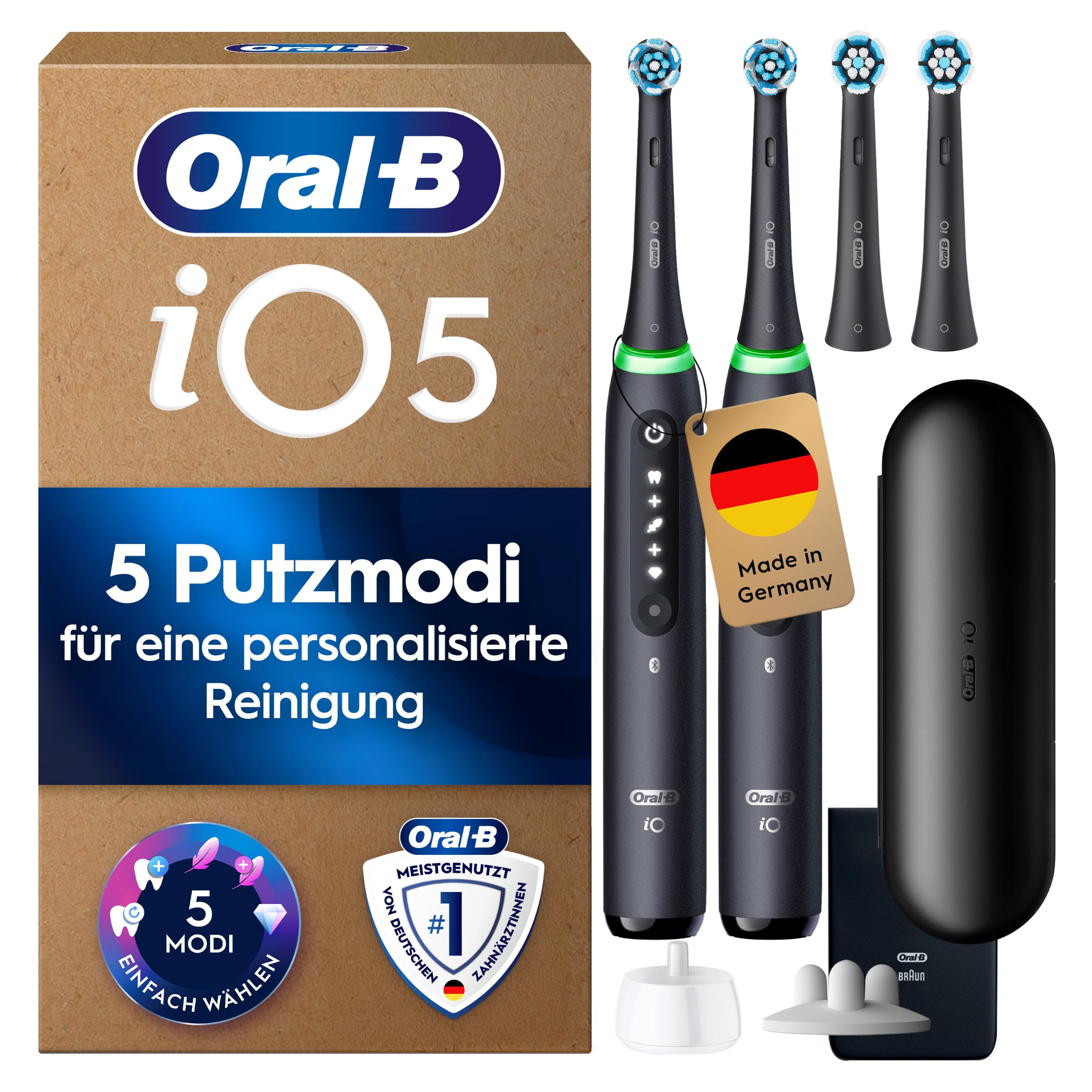Oral-B iO Series 5 Elektrische Zahnbürste, Doppelpack, Schwarz/Schwarz