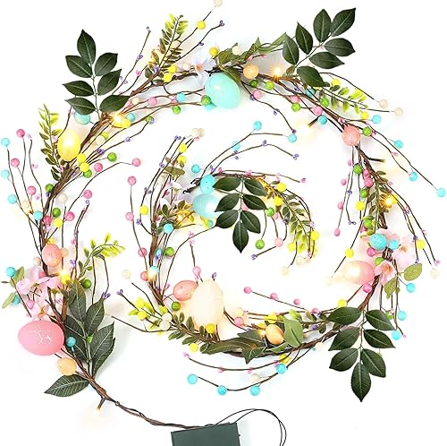 6FT Easter Garland with Pip Barry Egg,Lighted Egg Garland with Green Leaf, 20 LED Battery Operated Auto Timer for Wedding Party Office Mantle Door Decorations