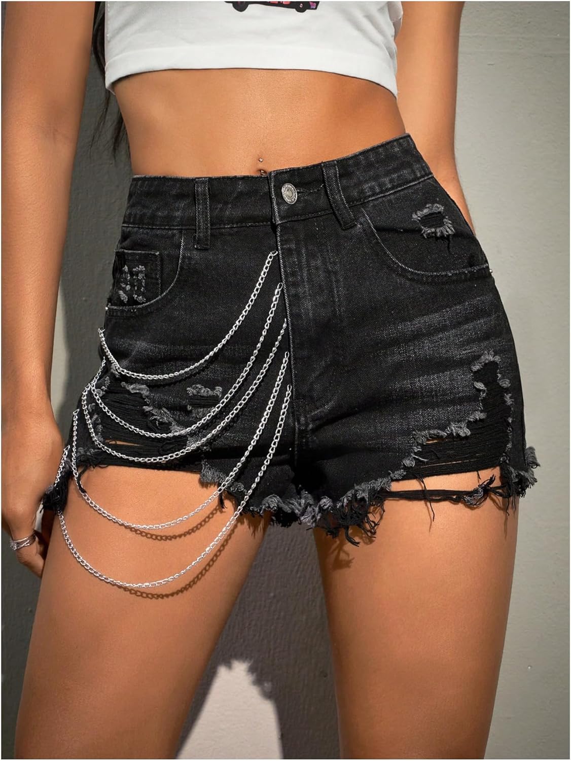 Verdusa Women's Punk Ripped Jean Shorts Summer Jorts Skinny Denim Shorts with Chain - Image 5