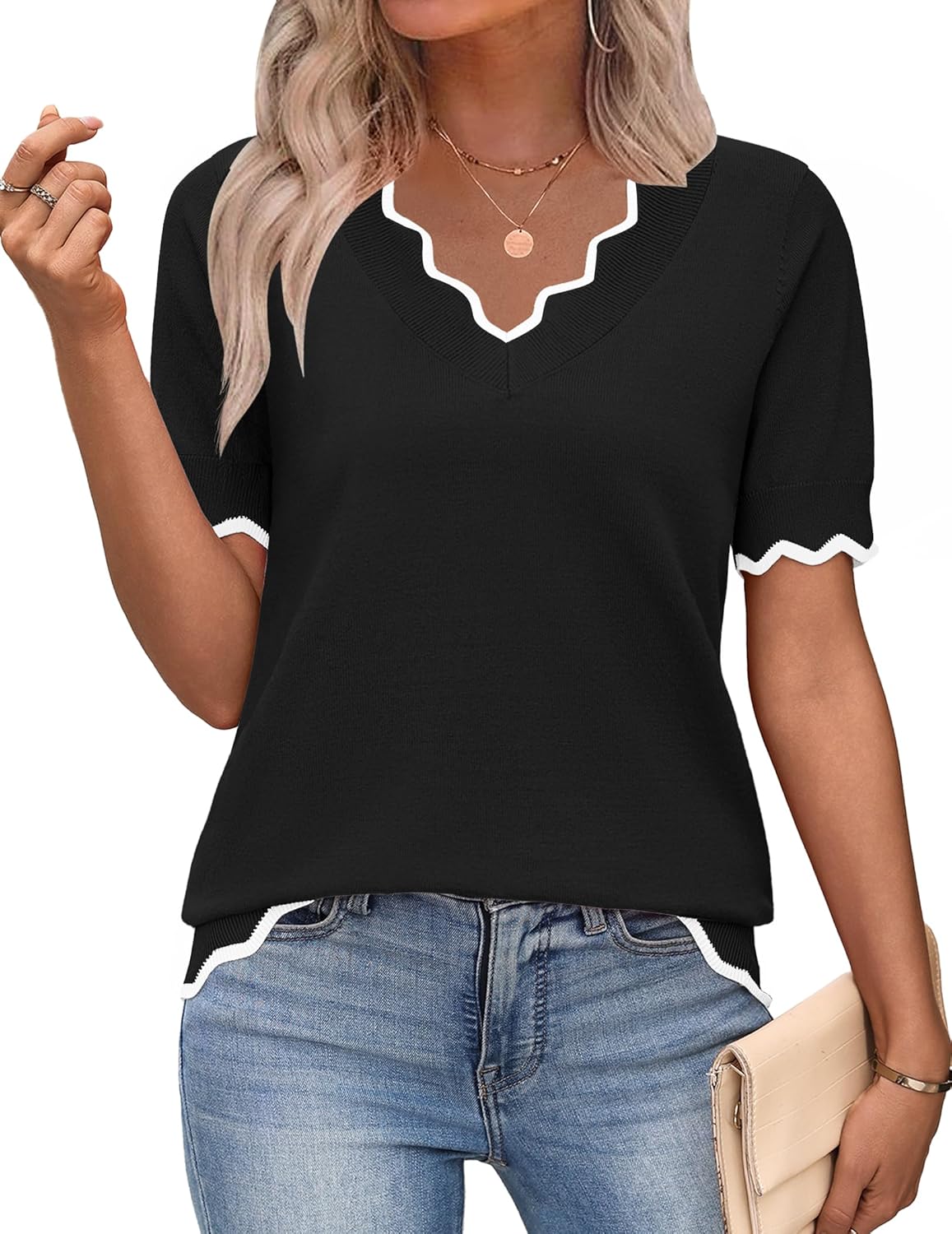 Zeagoo Women's Short Sleeve Sweater 2026 Spring Summer V Neck Lightweight Tops Dressy Blouses Business Casual Outfits