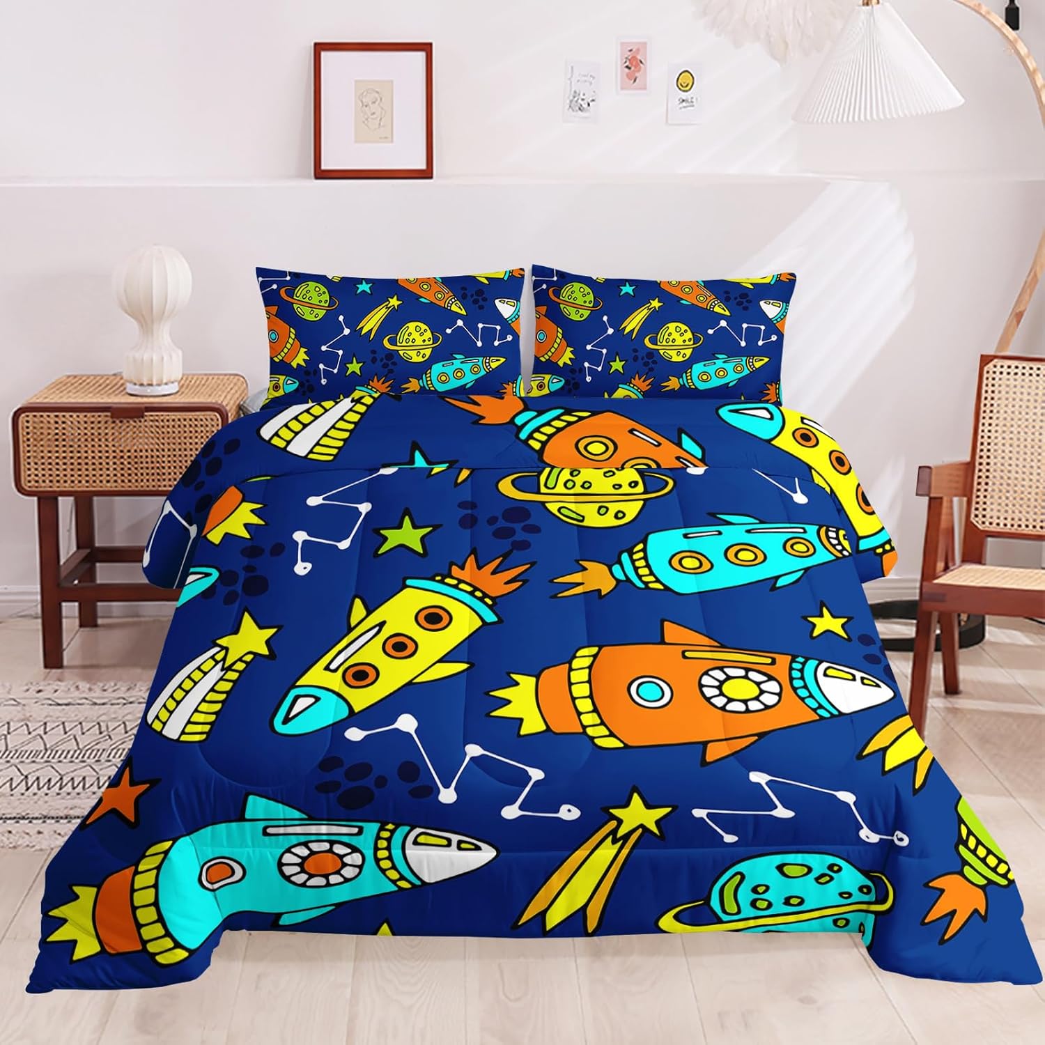 BSNTHO Outer Space Kids Comforter Set, Stars Printed Bed