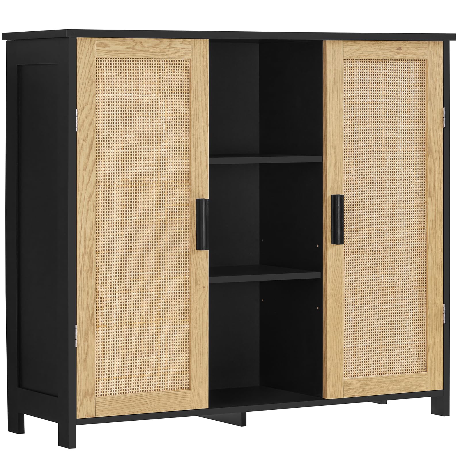 Iwell Storage Cabinet, Rattan Cabinet with 3 Adjustable Shelves, Sideboard Buffet Cabinet, Coffee Bar Cabinet, Accent Cabinet for Living Room, Entryway, Black+Natural