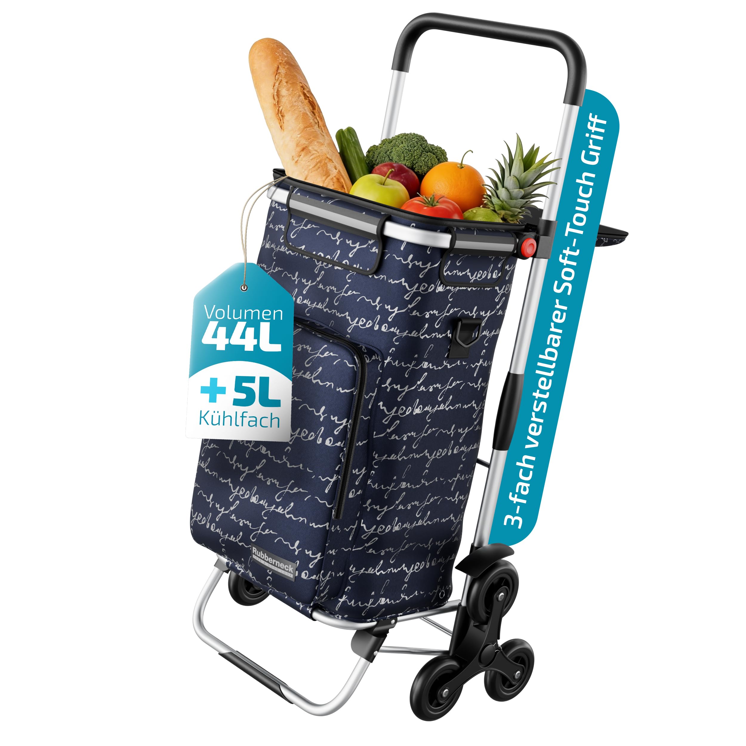 Rubberneck Einkauftrolley, klappbar, 44 l, Treppensteiger, Kühlfach, Blau | 3x3-Radsystem, 44 l + 5 l Kühlfach, Alu-/Kunststoff-Rahmen, 2,5 kg, faltbar 47x42x20 cm, Reißverschlussfach, Regenschirmfach