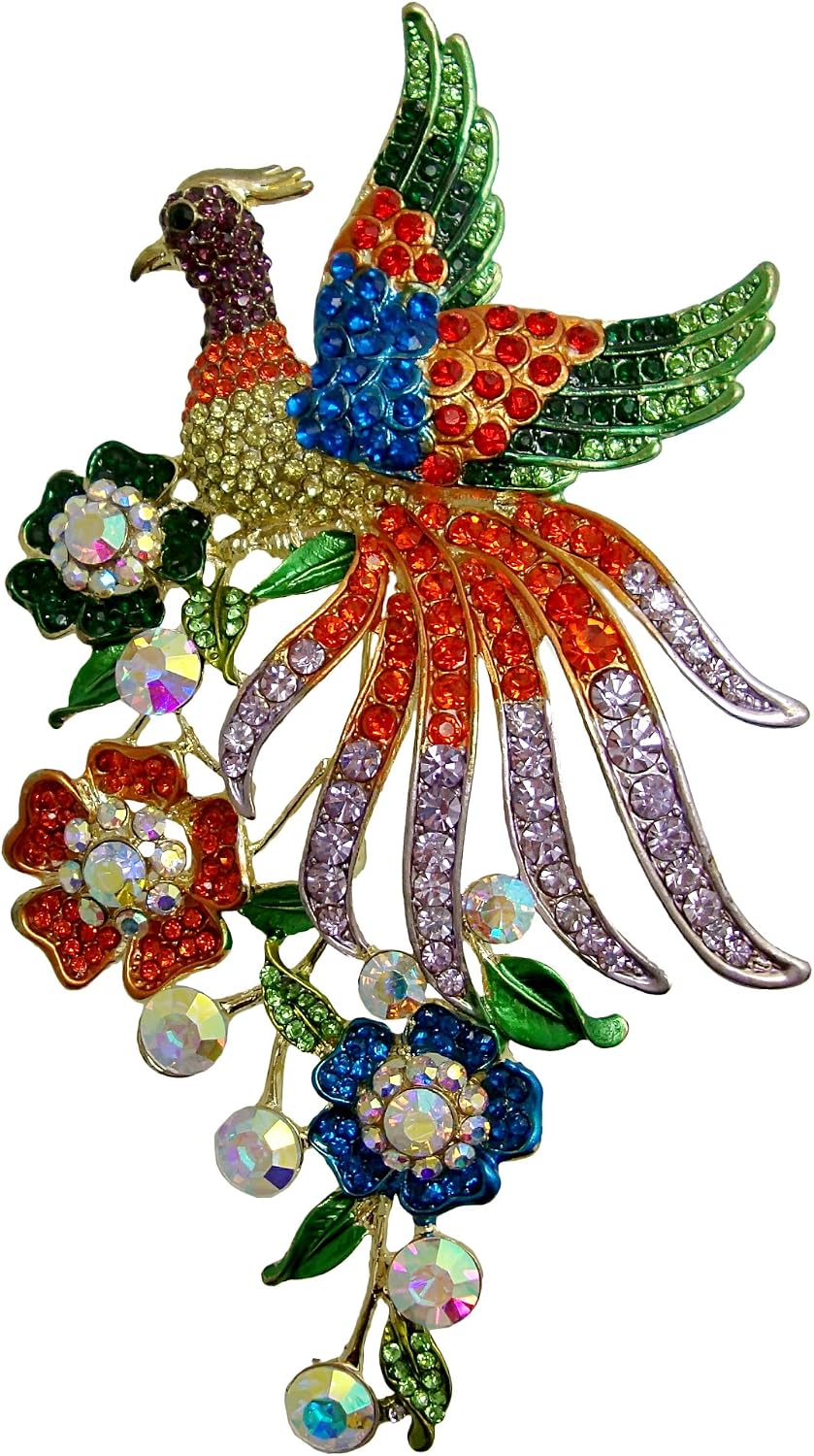 TTjewelry Fashion Colorful Peacock Brooch Pin with Flower Austrian Crystal Pendant