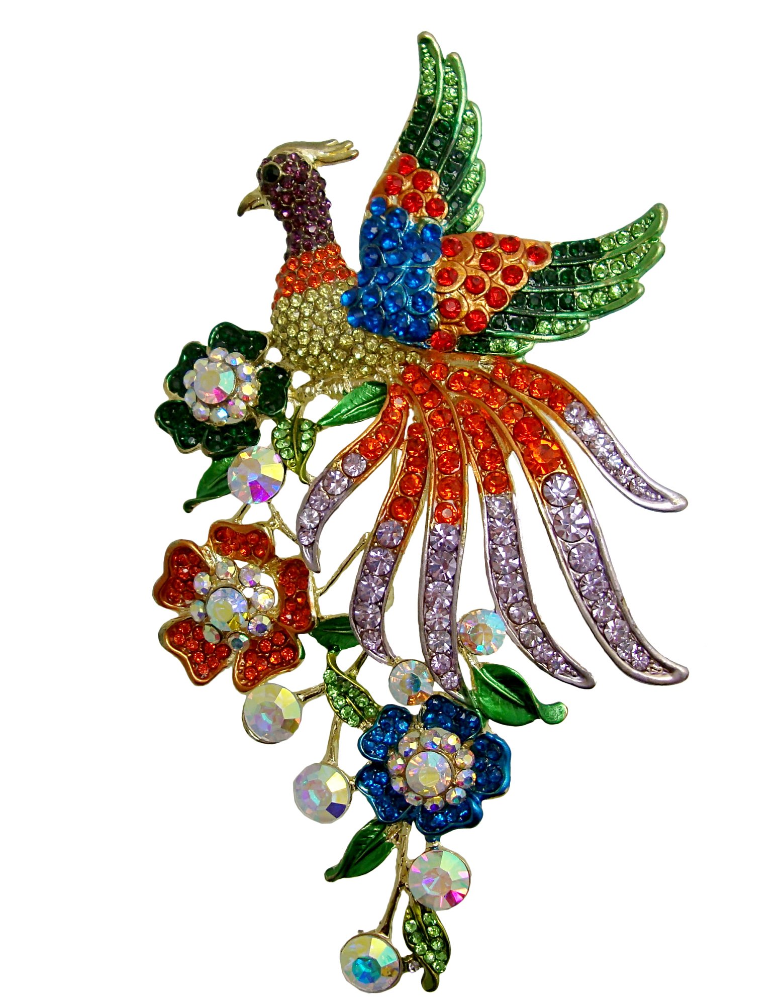 Toymio Fashion Peacock Brooch Pin with Flower Austrian Crystal Pendant/Beautiful Multi-color Hummingbird Rhinestone Crystal Bird Brooch Pin Gold Tone (Peacock-2)