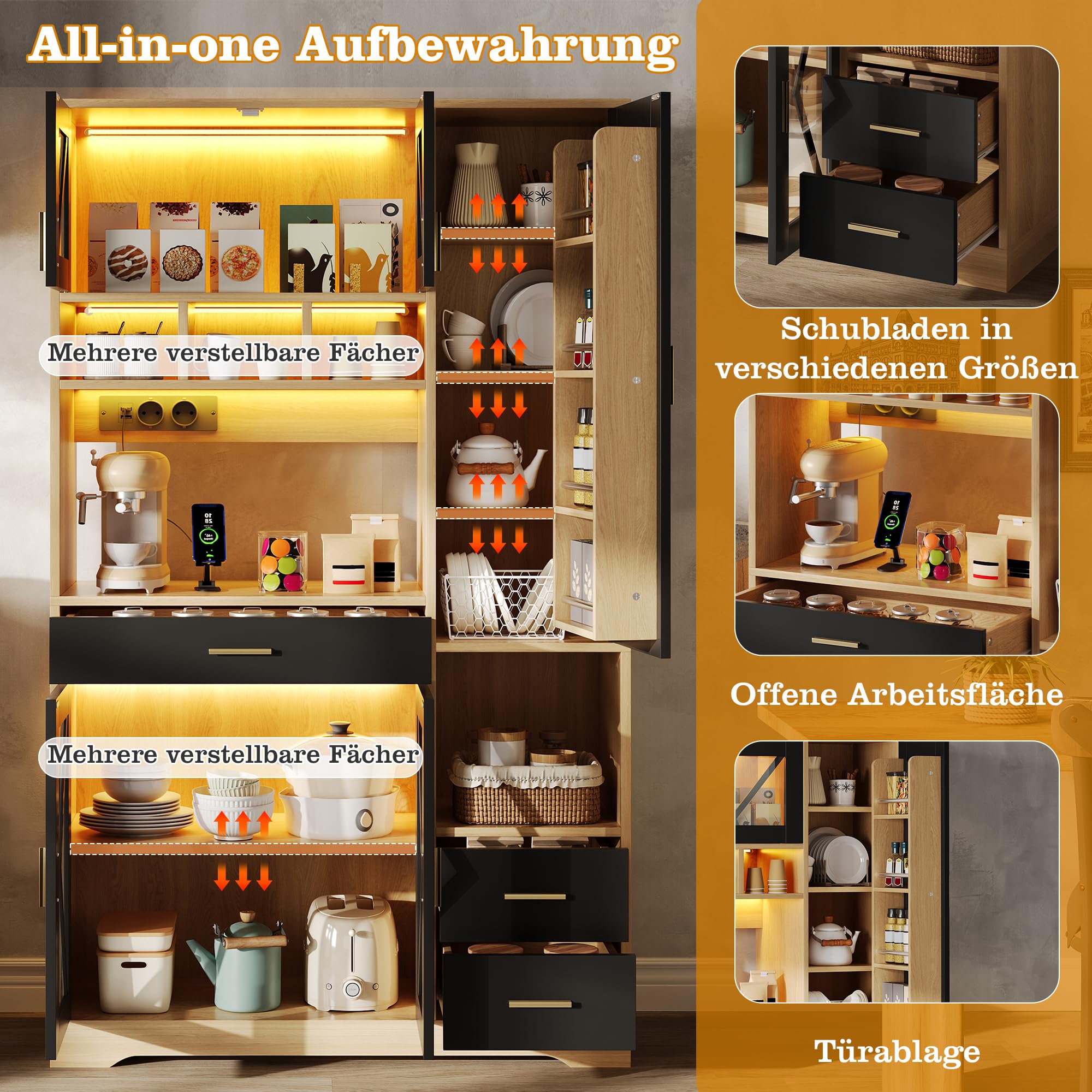 Sapgaks Buffet Salle a Manger 185 × 105 × 40 cm avec étagères réglables,tiroir,éclairage LED à Couleurs changeantes et Prises,Buffet Haut,Meuble de Cuisine (A-Noir + Naturel)