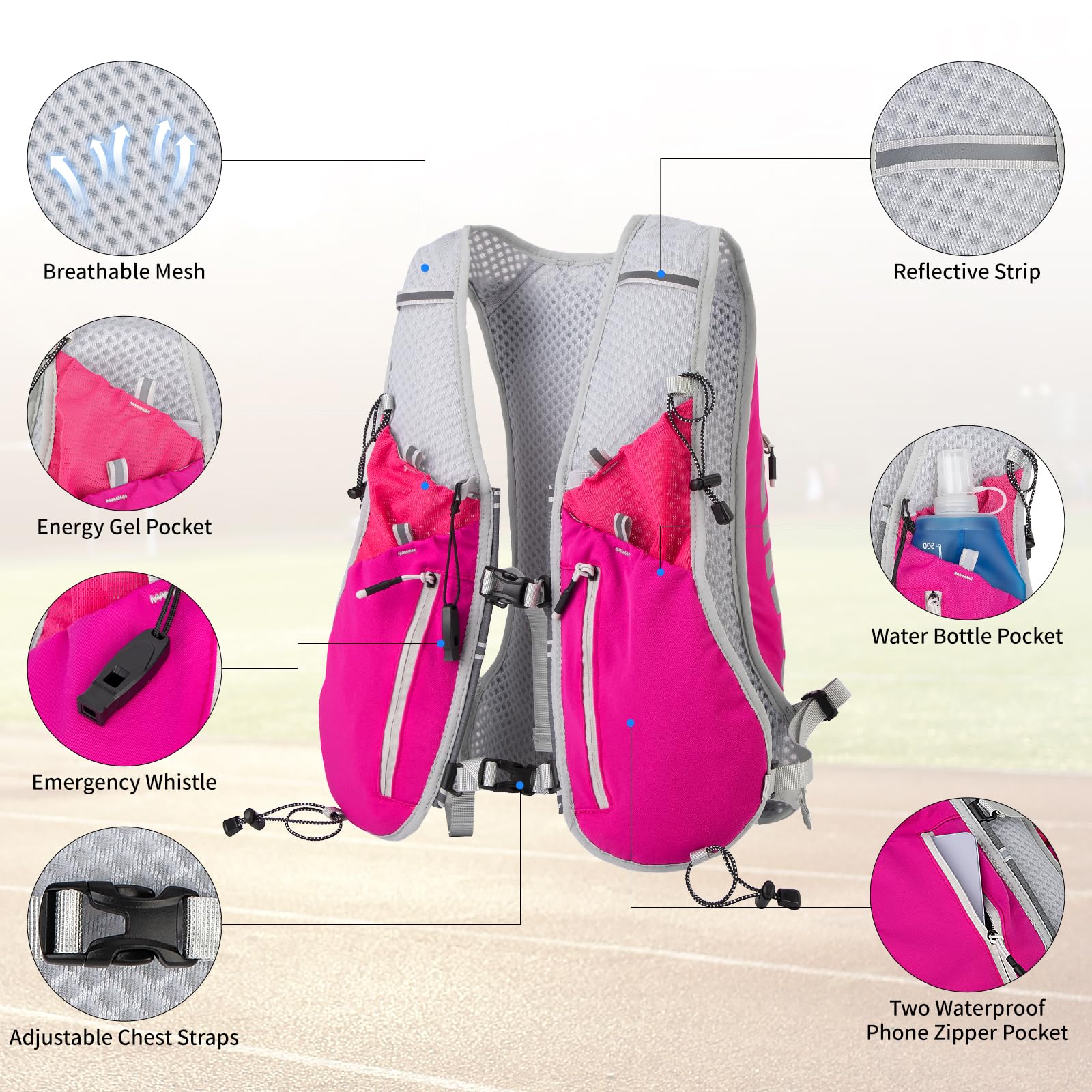 Expansea Zaino da Corsa 7L, Super Leggero Zaino Uomo & Donna, Tasche Multiple, Running Vest With Borraccia Morbida 500ml per Ciclismo, Maratona,Corsa, Arrampicata e Altri Sport All'Aria Aperta