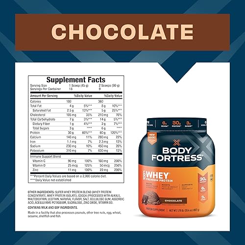 Miniatura 6 de Body Fortress Super Advanced - Proteína de suero en polvo chocolate apoyo inmunológico 1 vitaminas C y D Plus zinc 178 libras